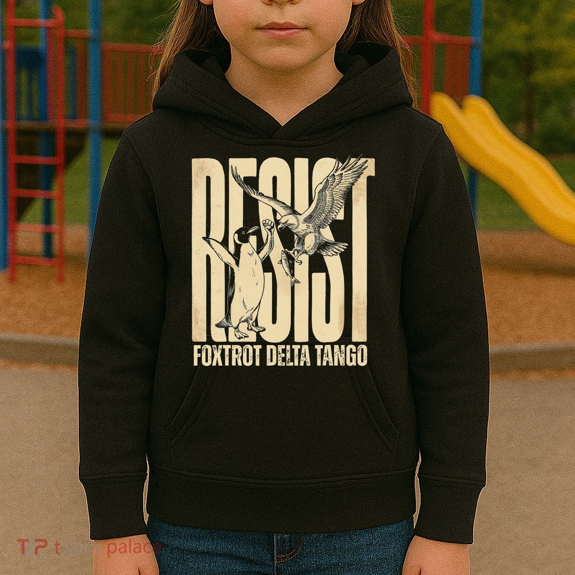 Funny Penguin Protest Resist Penguin Holding Fish Gr Kids Hoodie