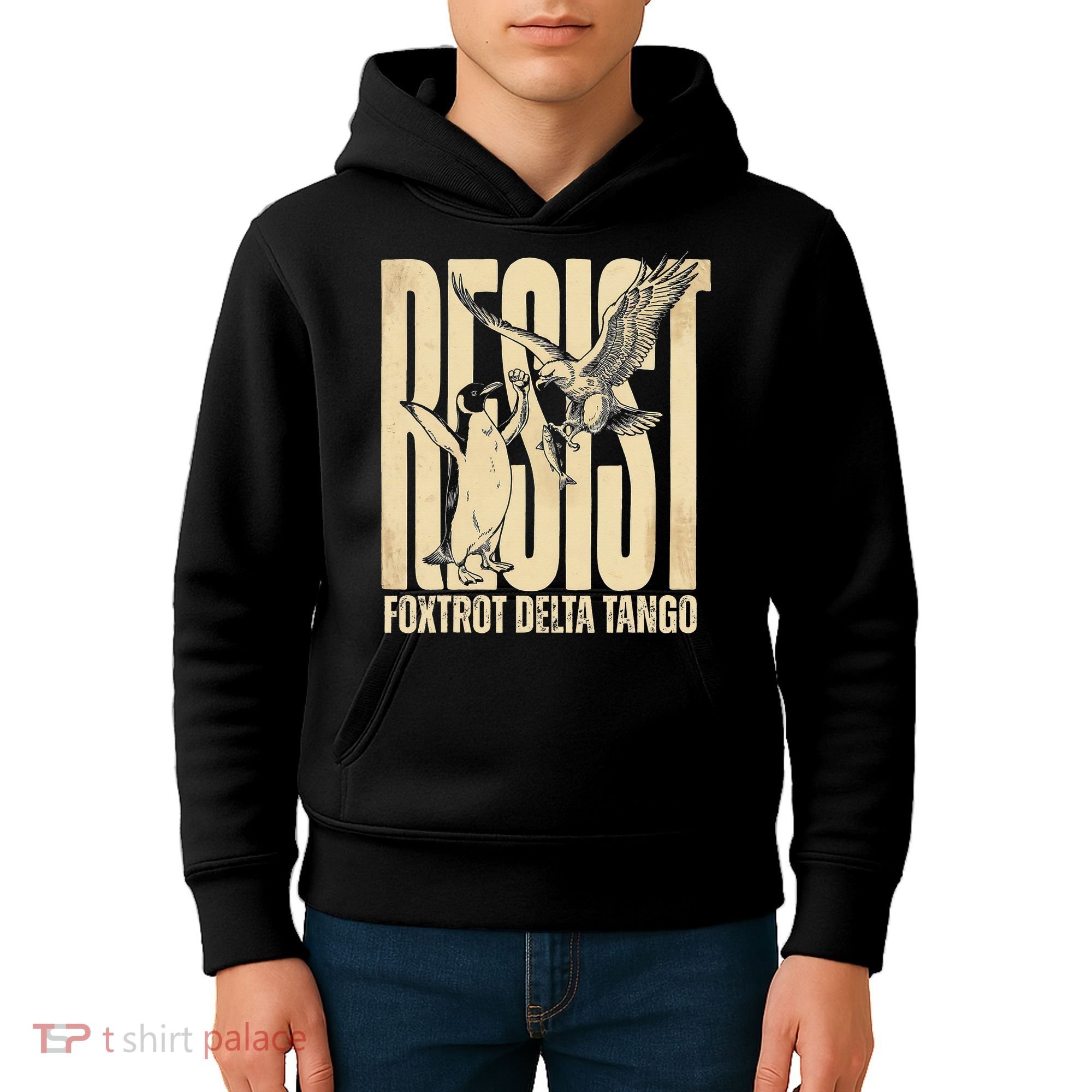 Funny Penguin Protest Resist Penguin Holding Fish Gr Kids Hoodie