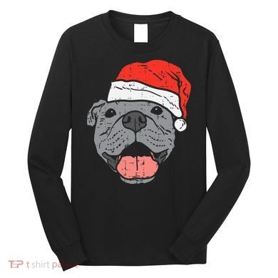 Festive Pitbull Pit Santa Hat Christmas Gift for Dog Lovers Long Sleeve Shirt