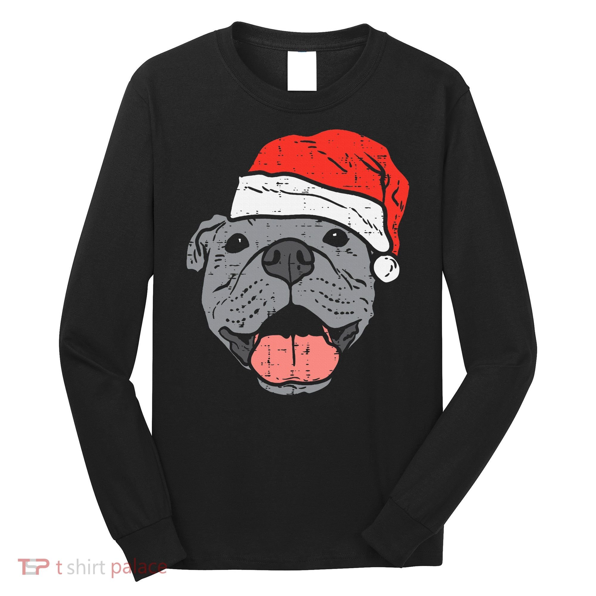 Festive Pitbull Pit Santa Hat Christmas Gift for Dog Lovers Long Sleeve Shirt