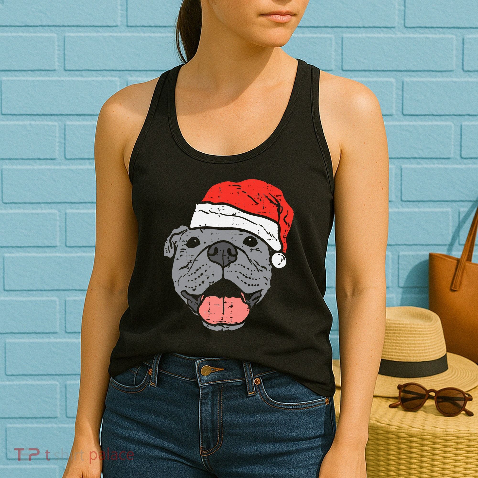 Festive Pitbull Pit Santa Hat Christmas Gift for Dog Lovers Women's Tank Top