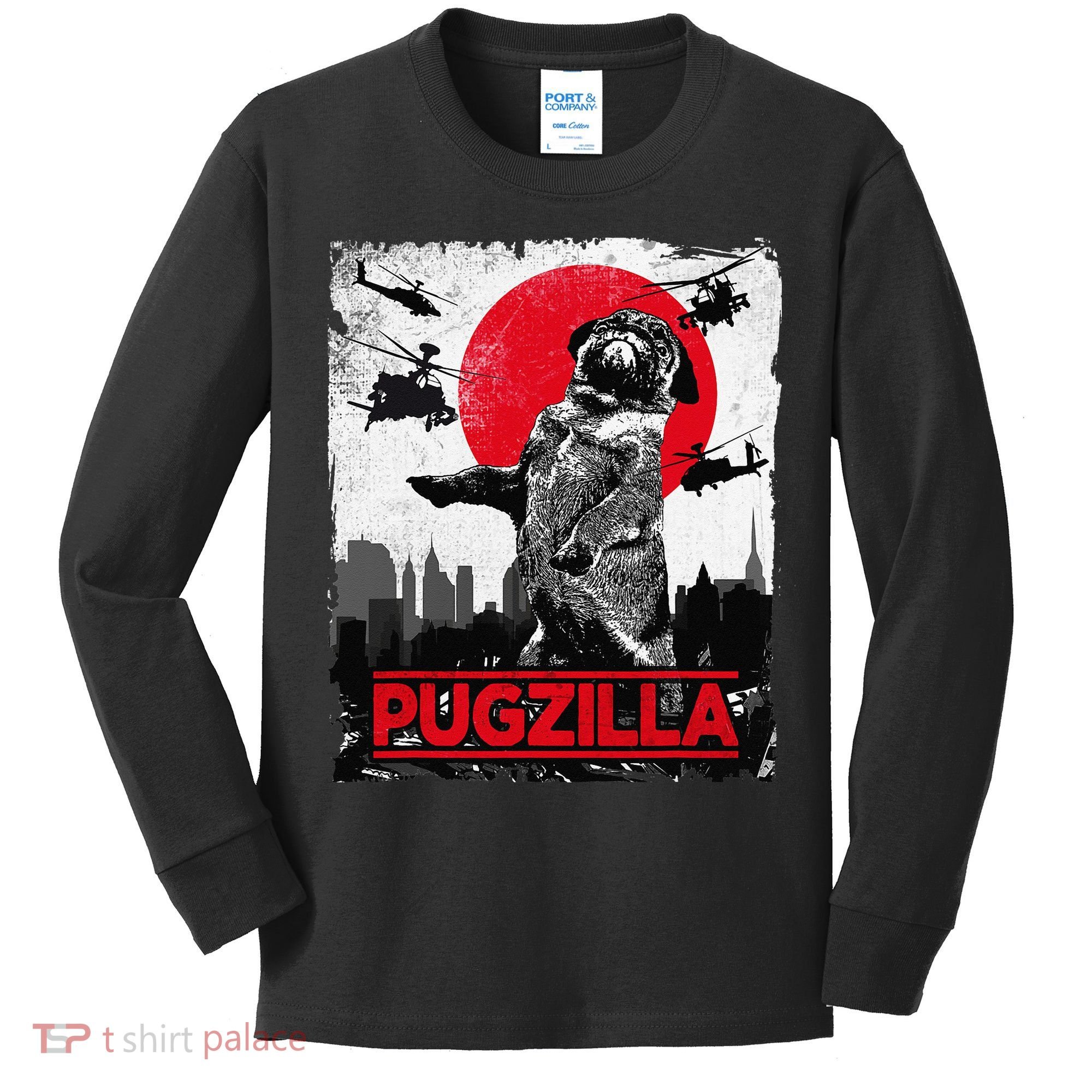 Funny Pugzilla Pug Dog Kids Long Sleeve Shirt