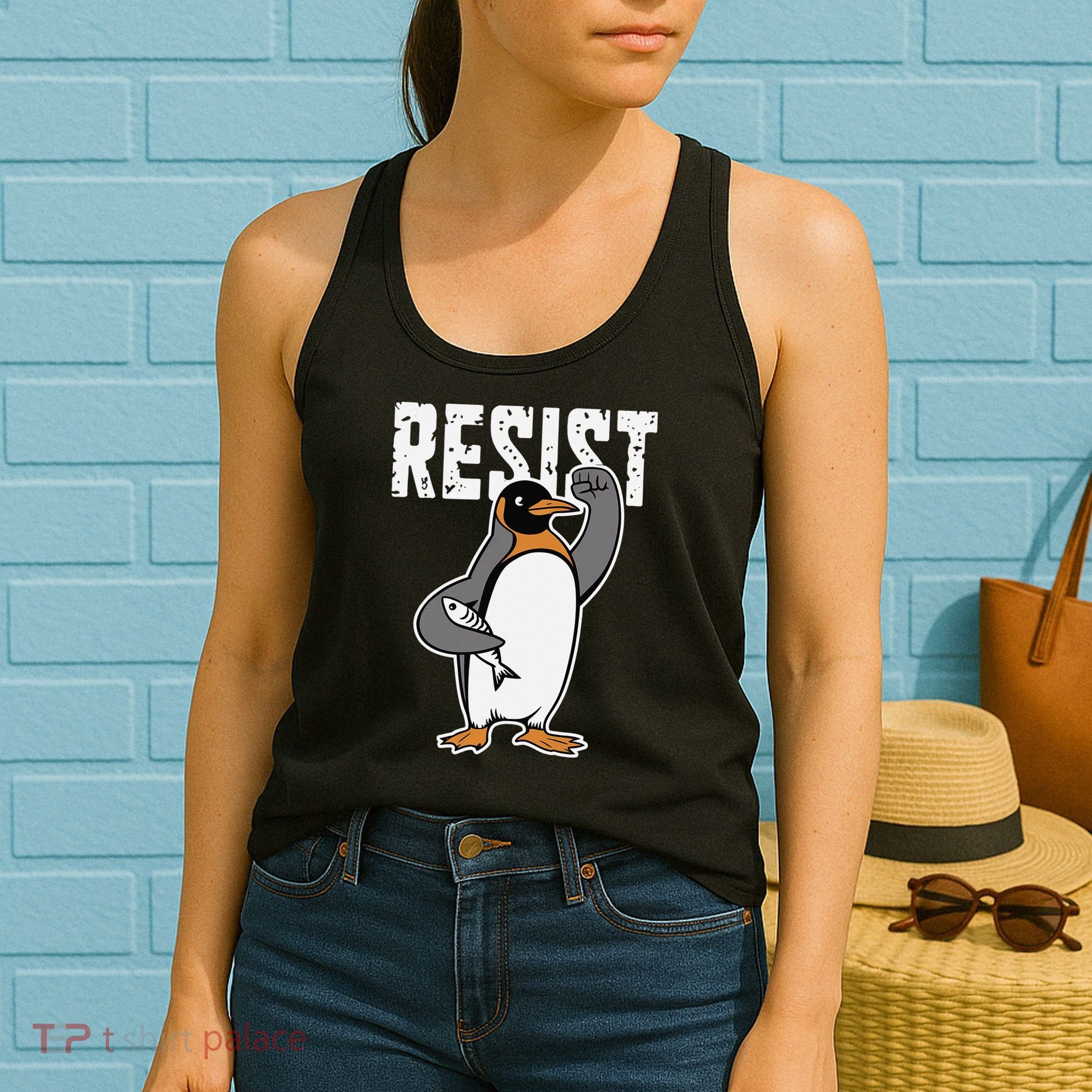 Funny Penguin Resist Penguins Protest Against Tariffs Women's Tank Top