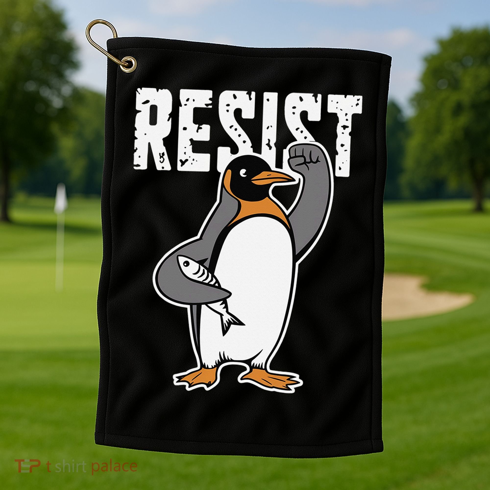 Funny Penguin Resist Penguins Protest Against Tariffs Golf Towel