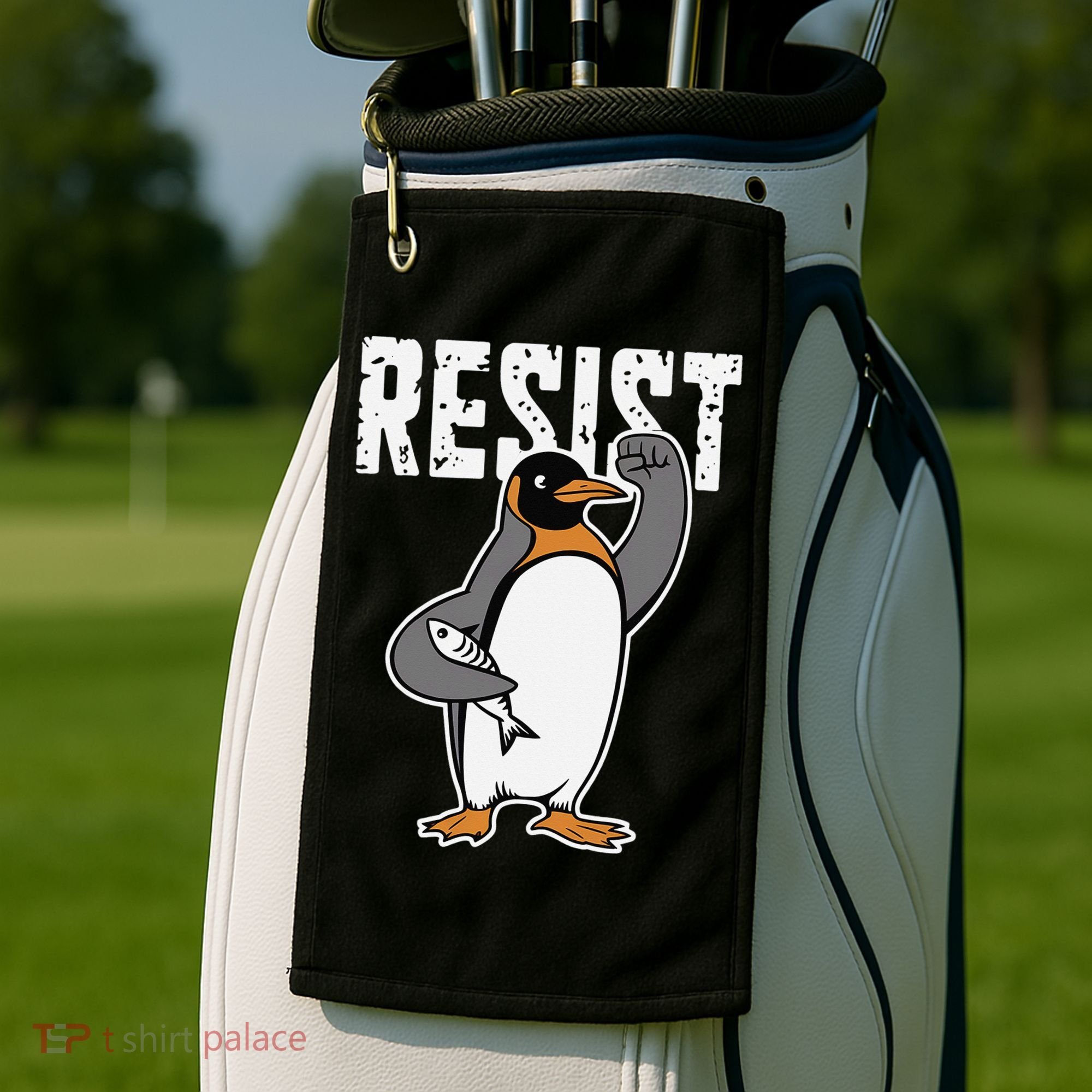 Funny Penguin Resist Penguins Protest Against Tariffs Golf Towel