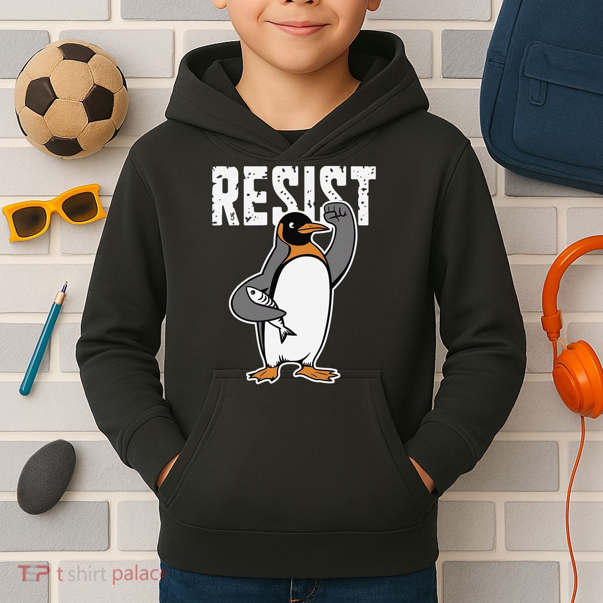 Funny Penguin Resist Penguins Protest Against Tariffs Kids Hoodie