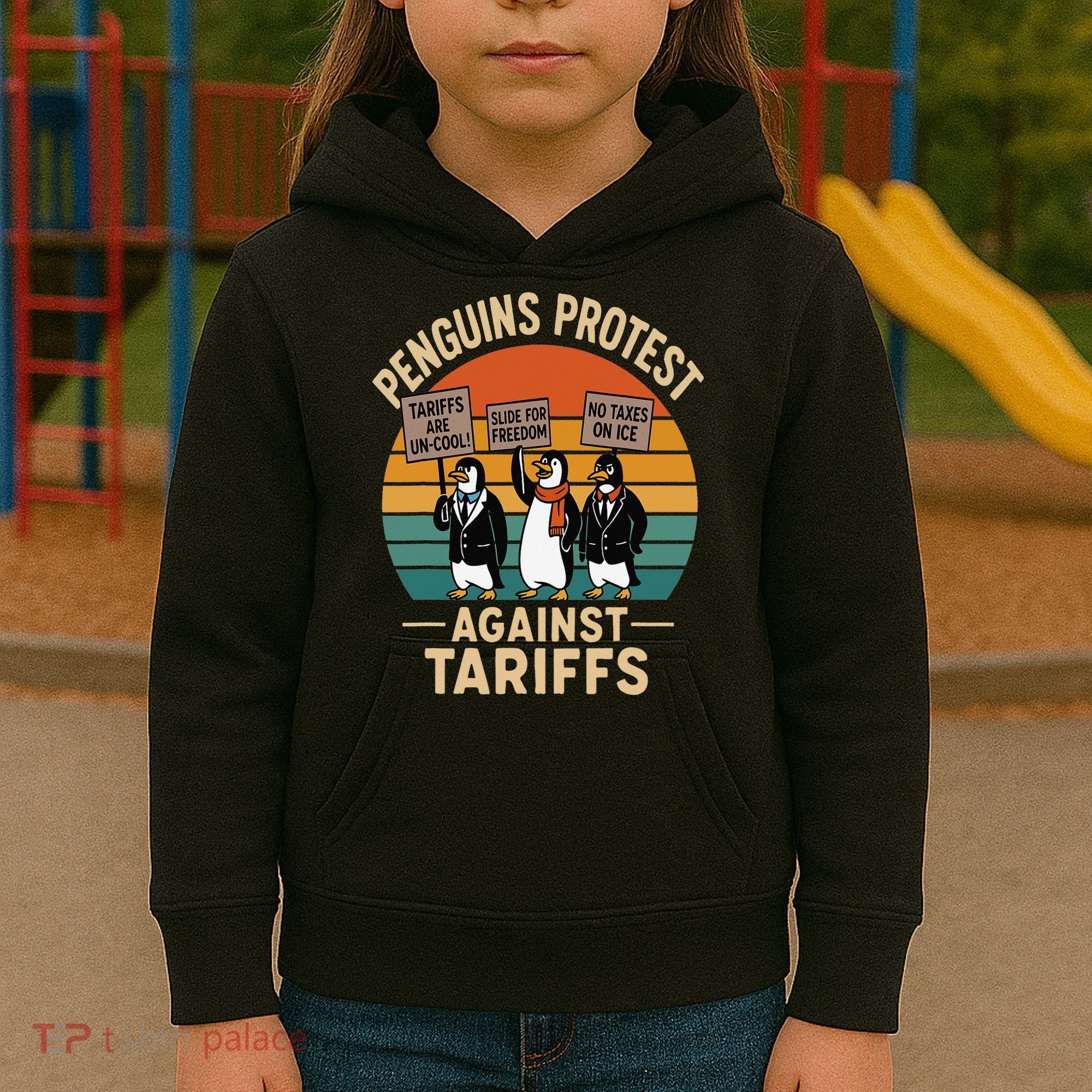 Funny Penguin Resist - Penguins Protest Against Tariffs Kids Hoodie