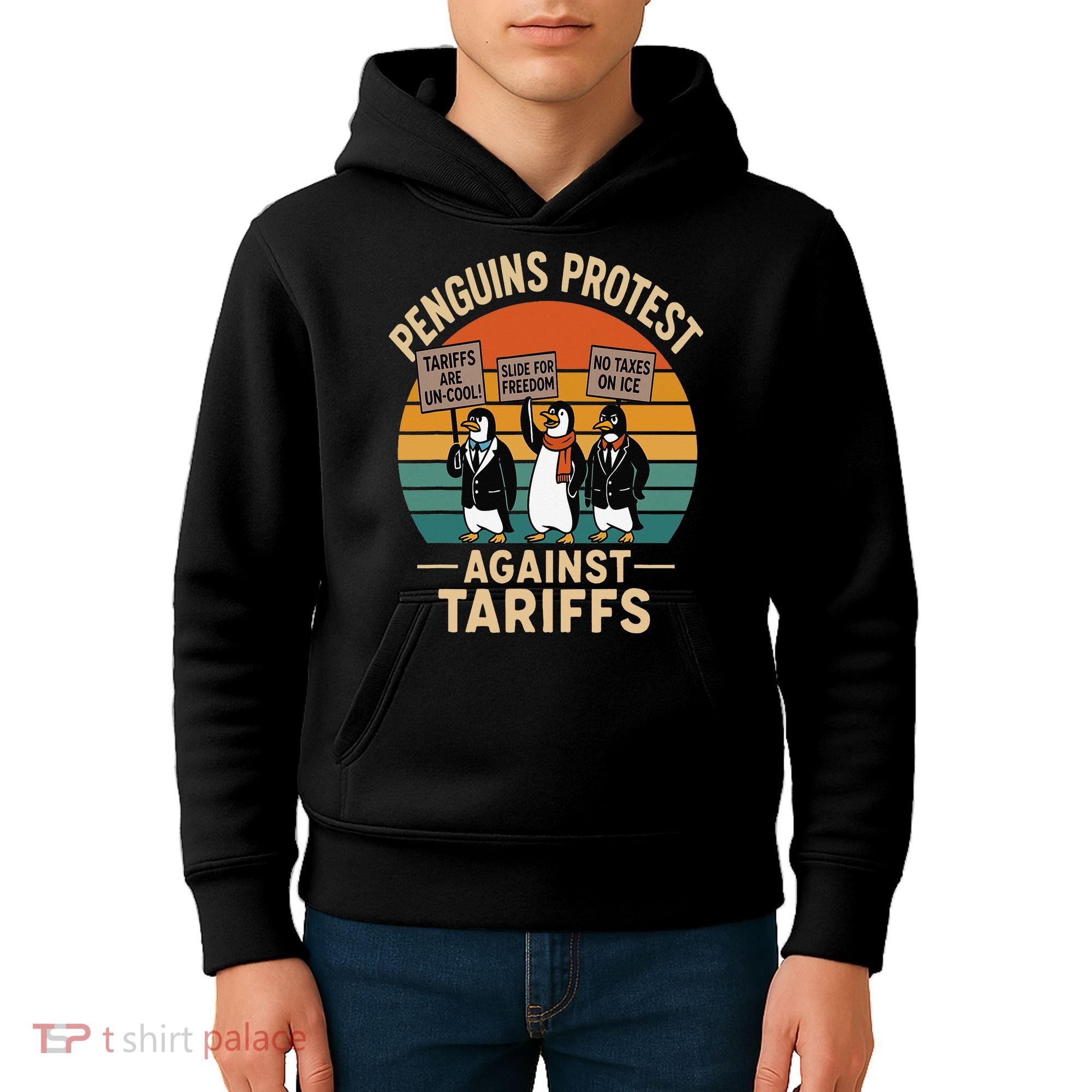 Funny Penguin Resist - Penguins Protest Against Tariffs Kids Hoodie