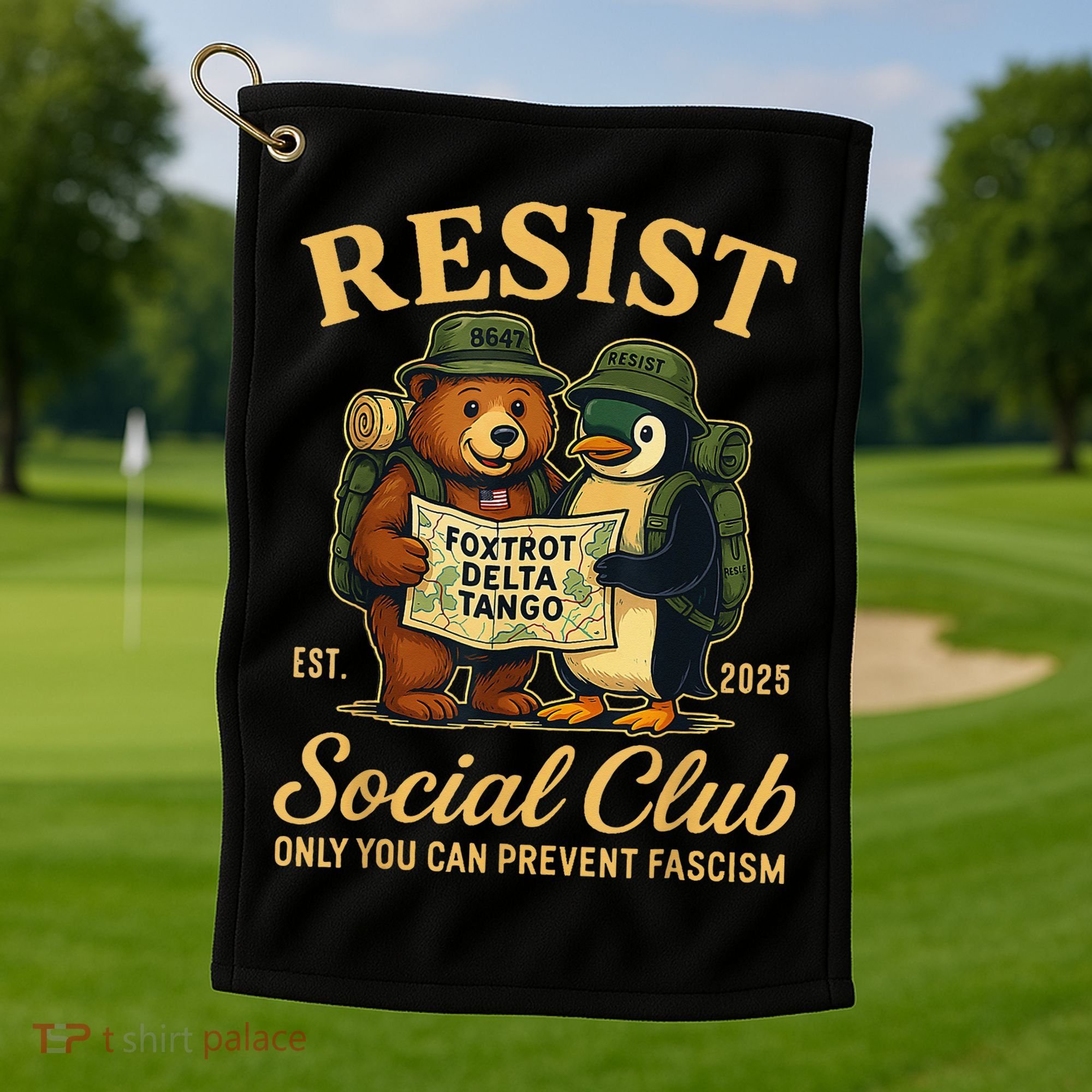 Funny Penguin Resist Penguins Protest Against Tariffs Golf Towel