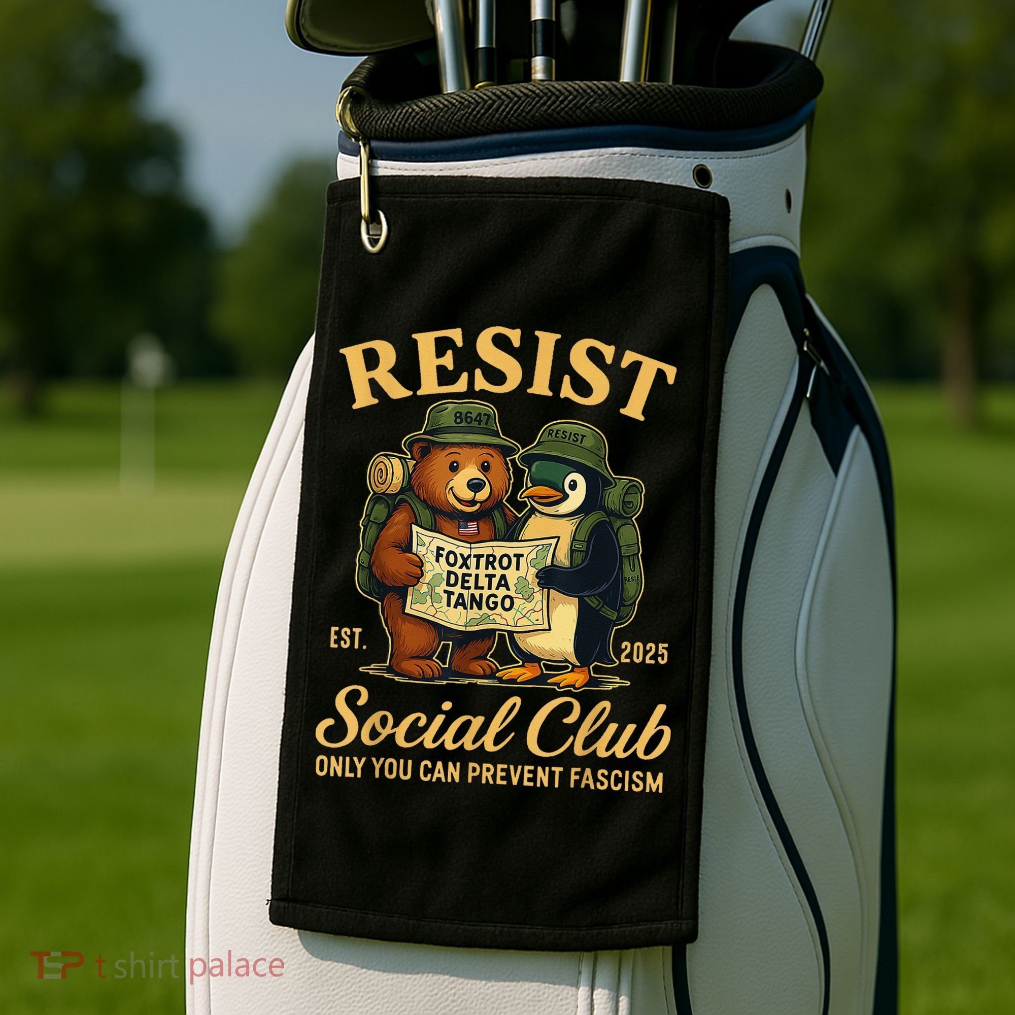 Funny Penguin Resist Penguins Protest Against Tariffs Golf Towel