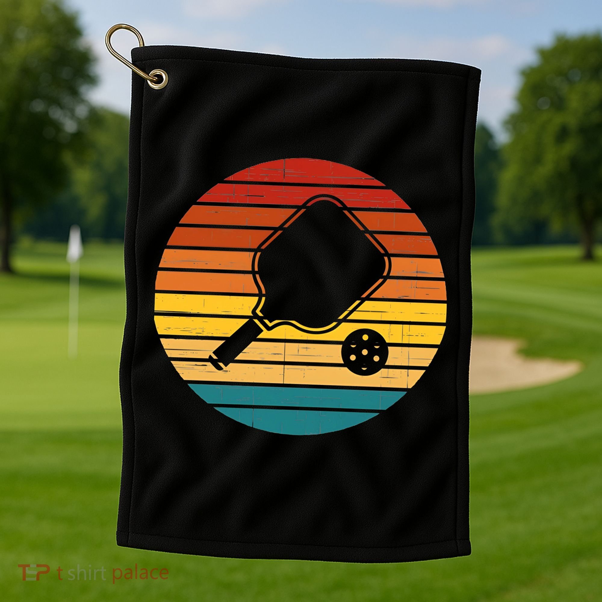 Funny Pickleball Retro Sunset Gift Golf Towel