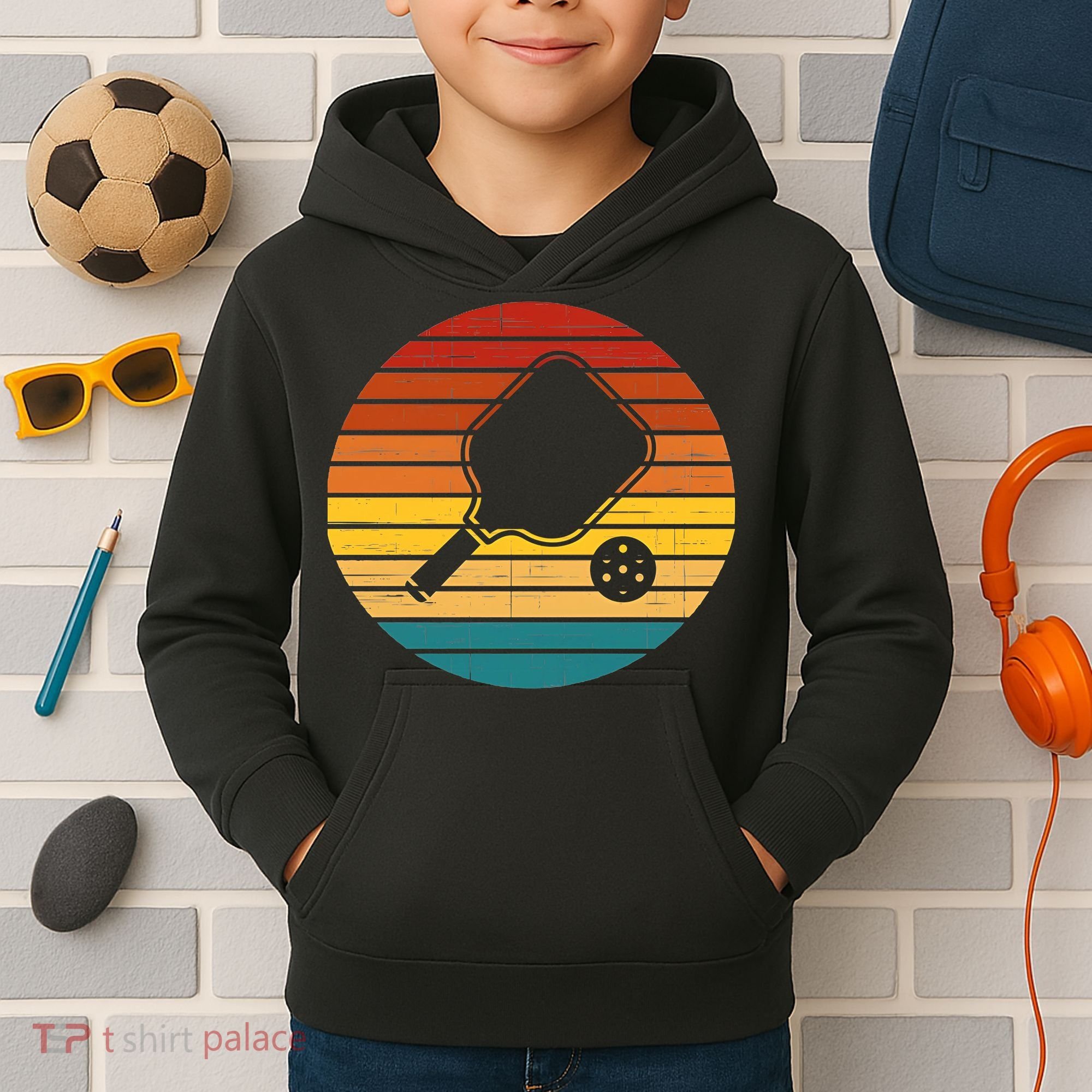 Funny Pickleball Retro Sunset Gift Kids Hoodie