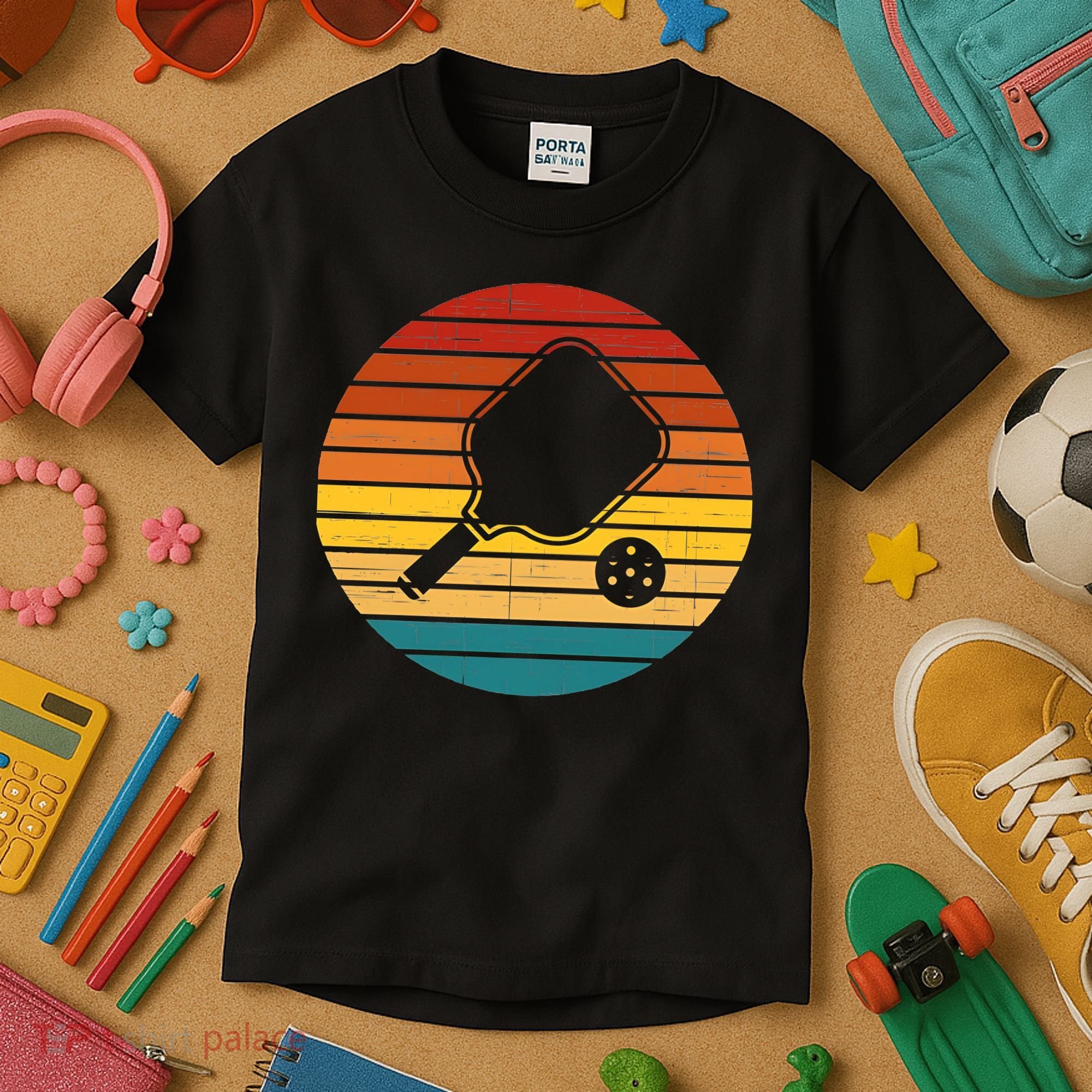 Funny Pickleball Retro Sunset Gift Kids T-Shirt