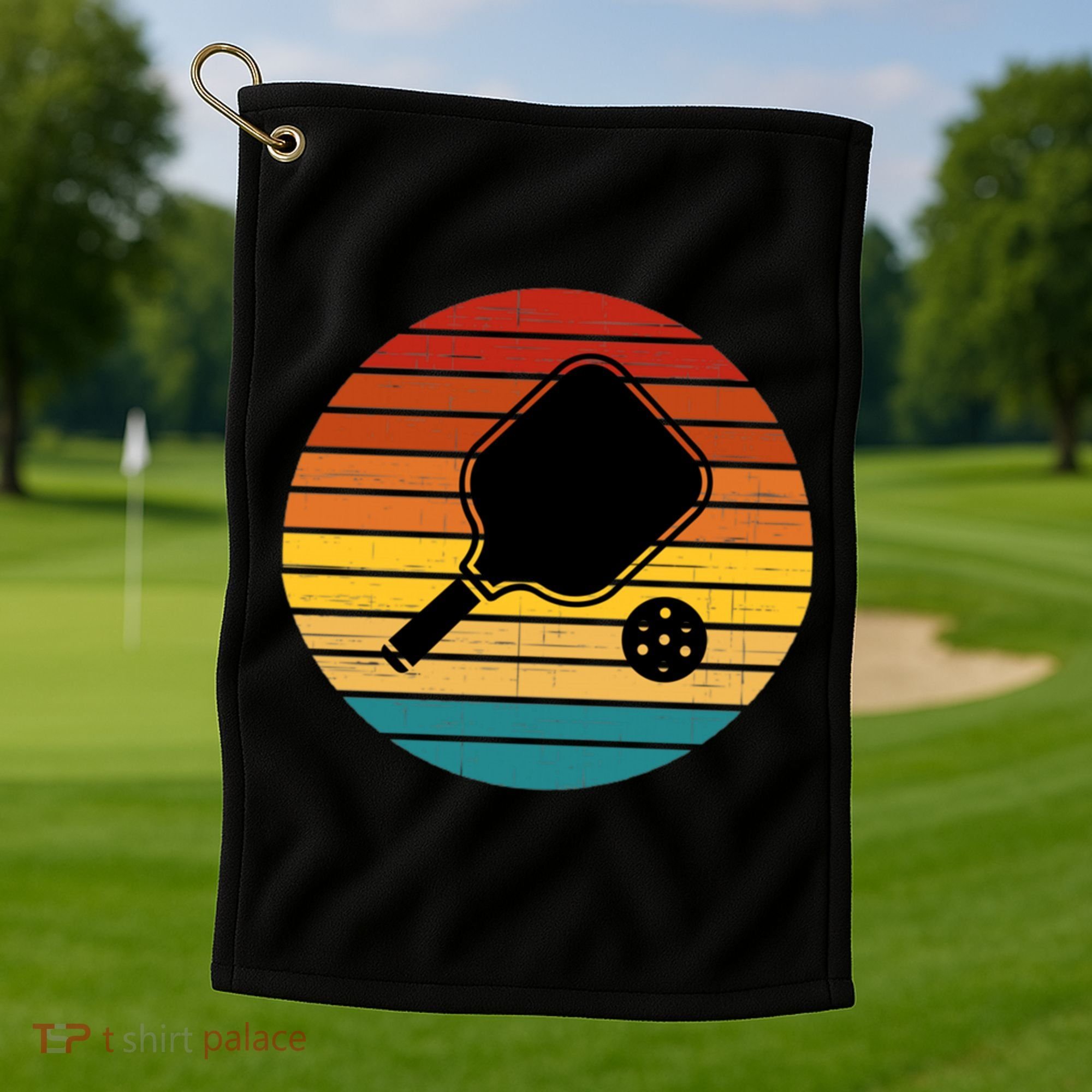 Funny Pickleball Retro Sunset Gift Golf Towel