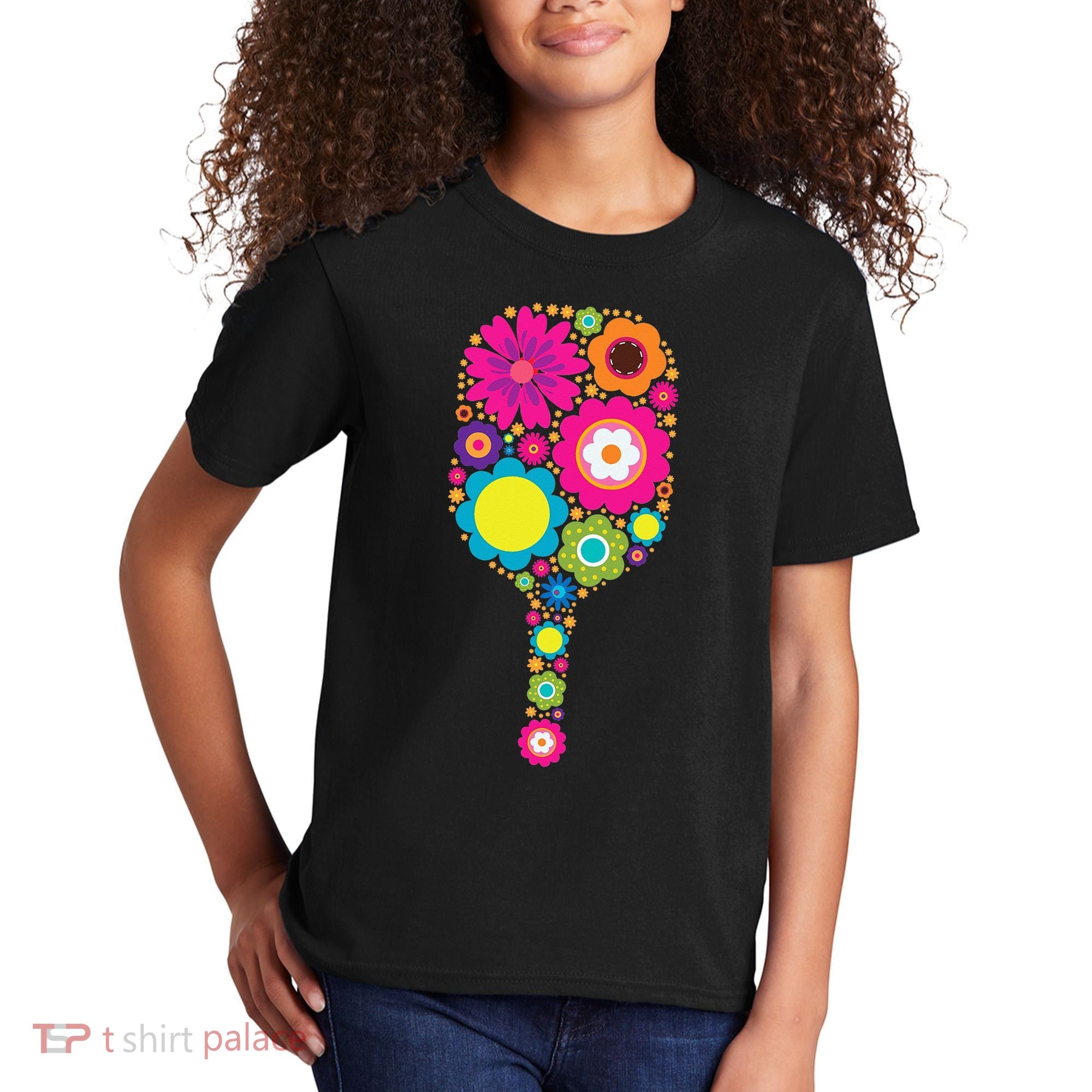 Flowers Pickleball Sports Racquet Racket Paddle Kids T-Shirt