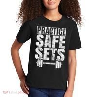 Funny Practice Safe Sets Weight Lifting Kids T-Shirt thumb 2