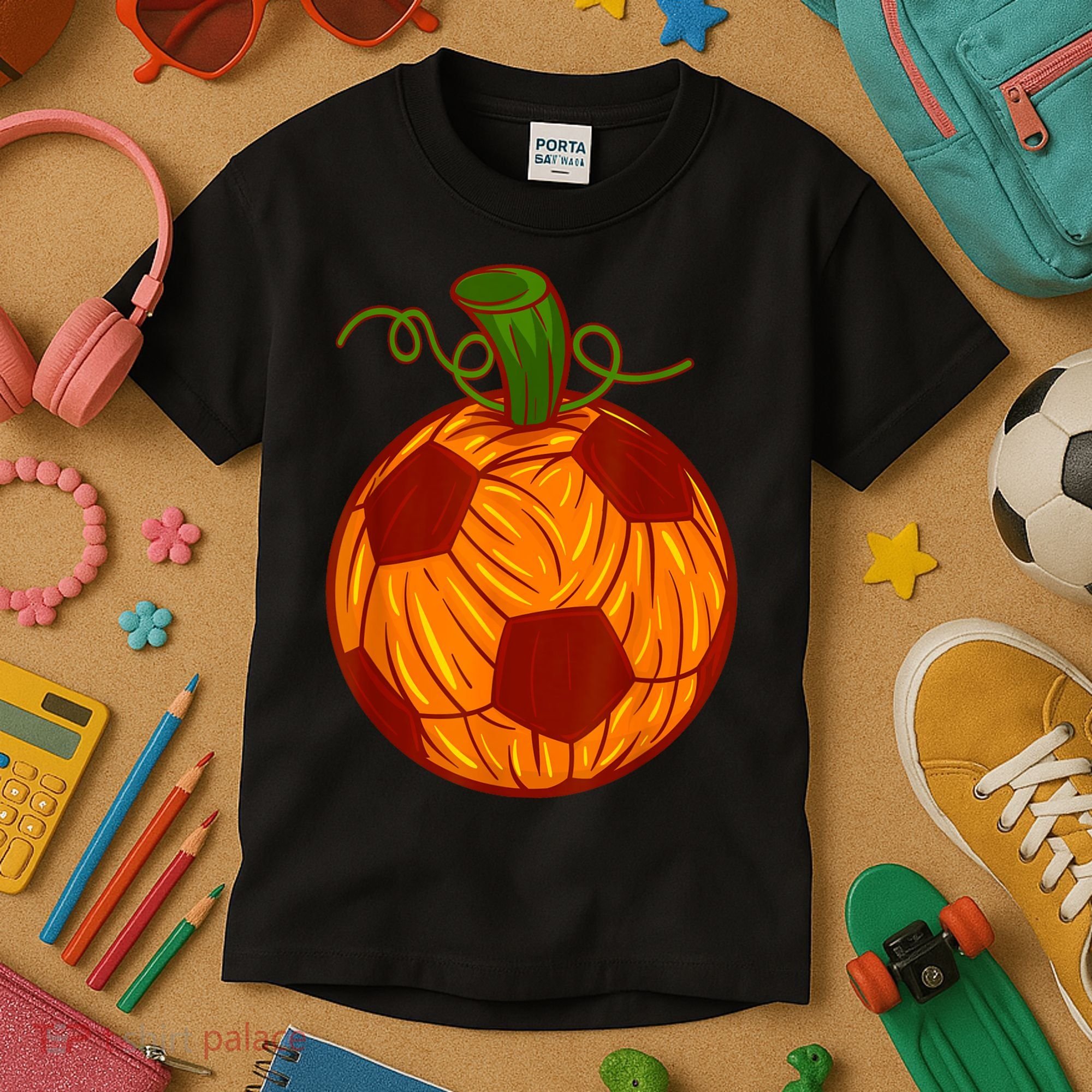 Funny Pumpkin Soccer Ball Halloween Kids T-Shirt
