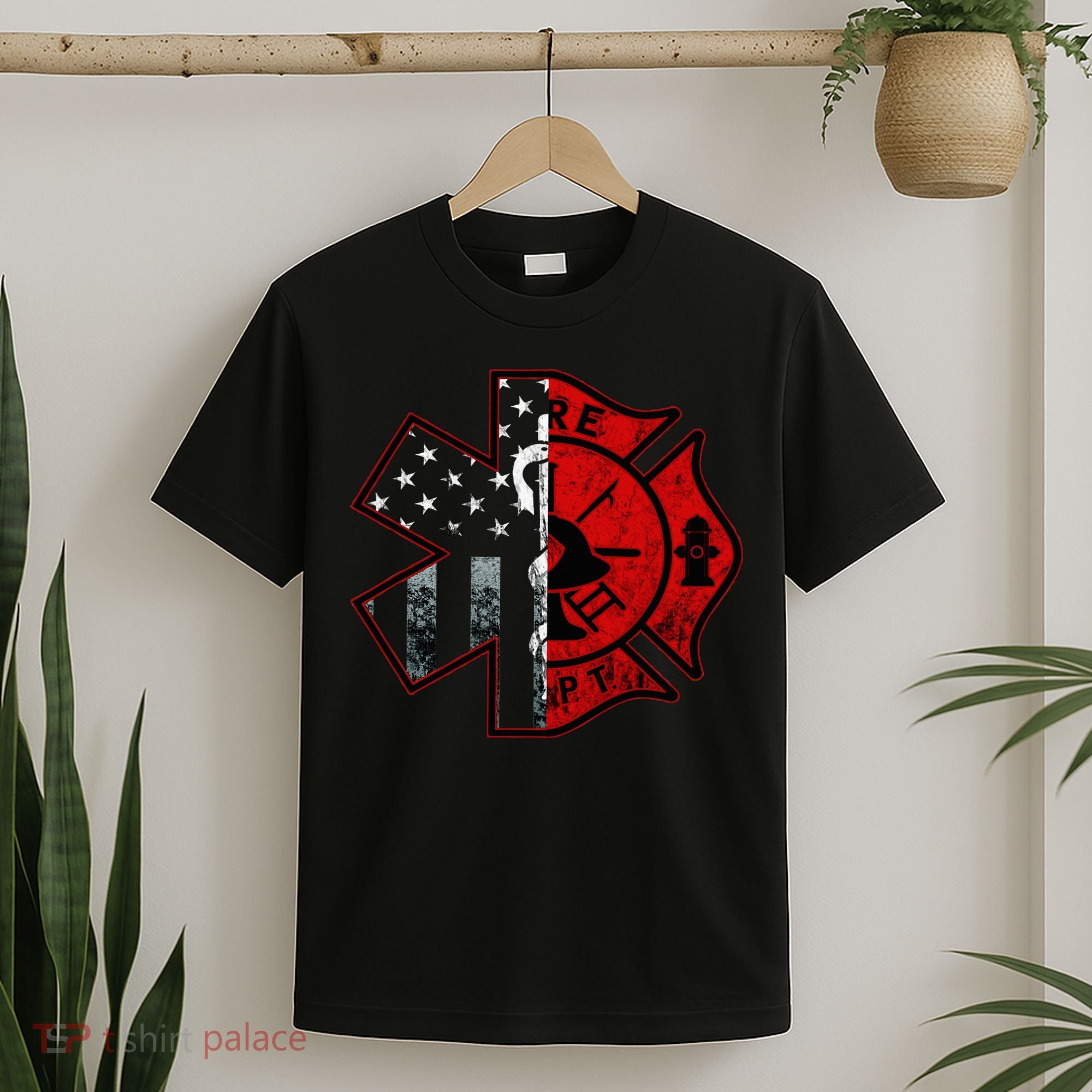 Firefighter Paramedic Symbol American Flag Fireman Fire T-Shirt