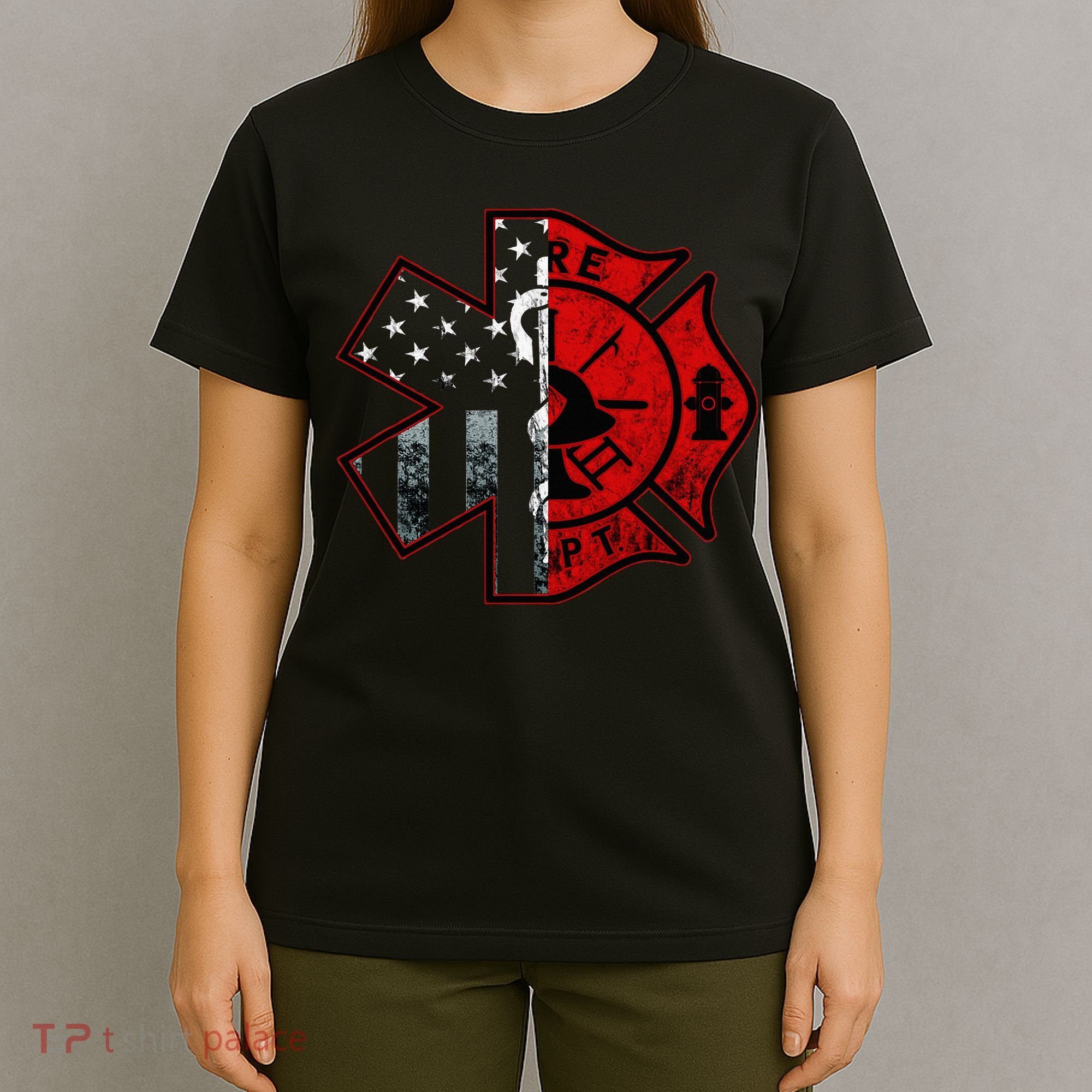 Firefighter Paramedic Symbol American Flag Fireman Fire T-Shirt