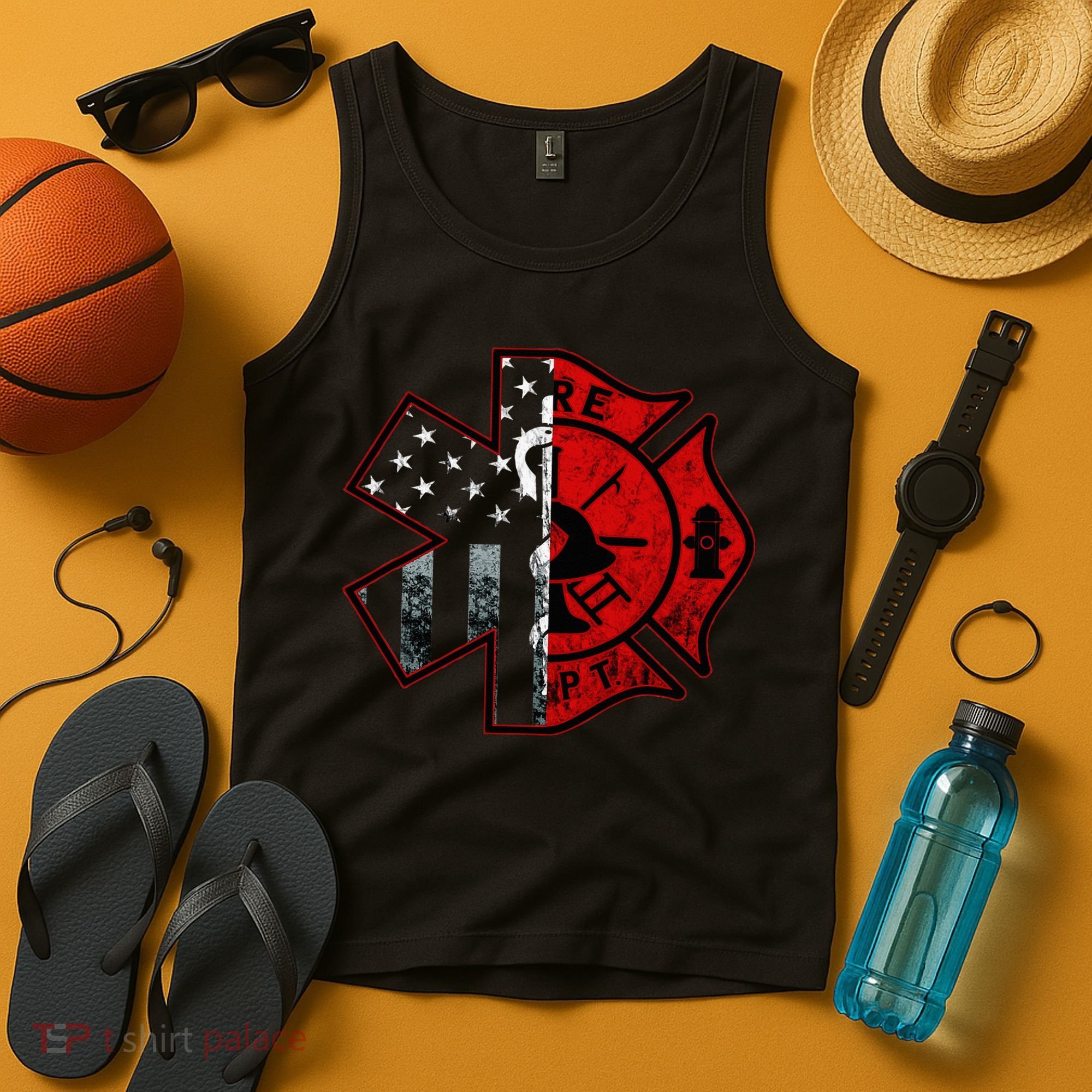 Firefighter Paramedic Symbol American Flag Fireman Fire Tank Top