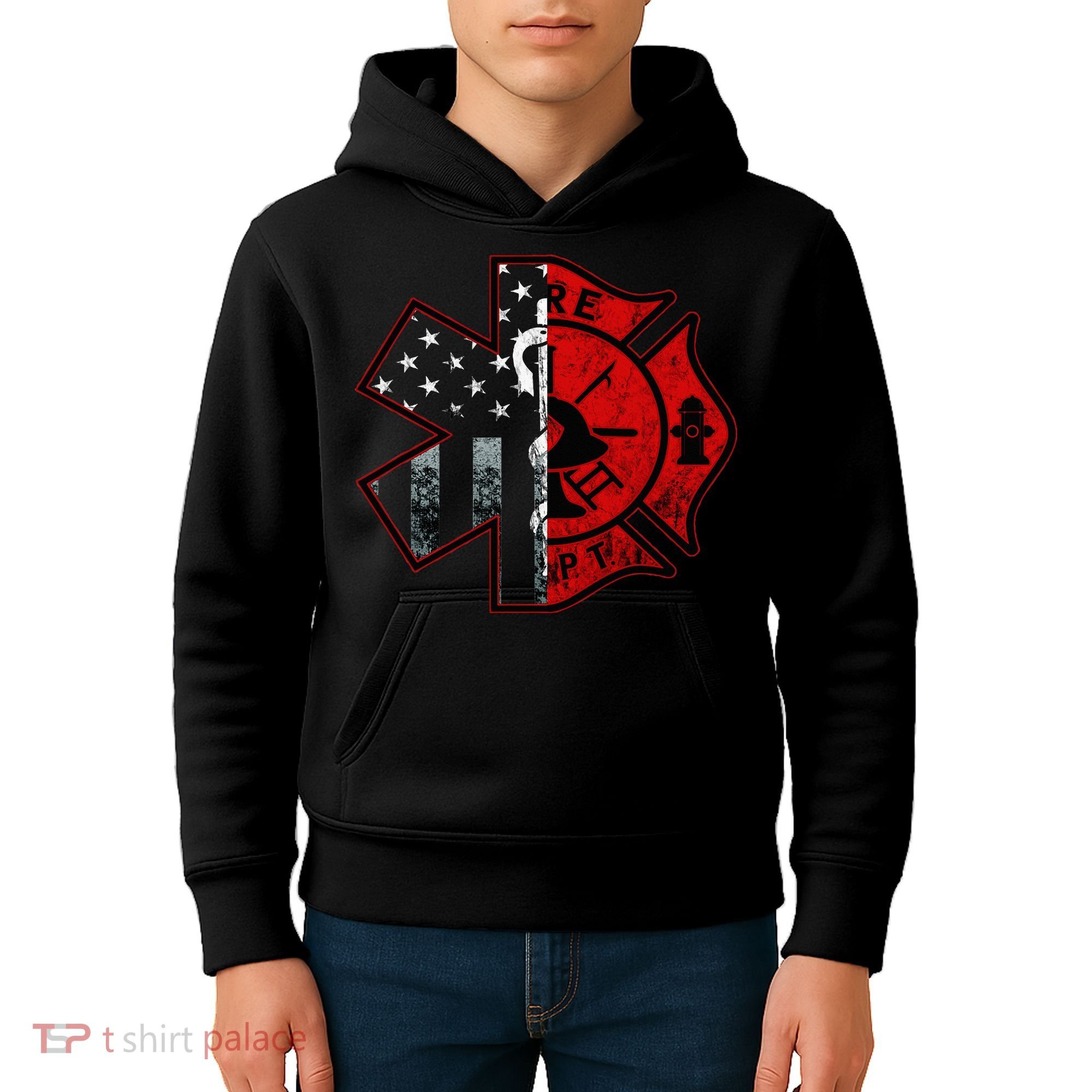 Firefighter Paramedic Symbol American Flag Fireman Fire Kids Hoodie