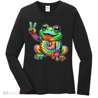 Frog Peace Sign Tie Dye Hippie Women's Long Sleeve Shirt