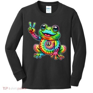 Frog Peace Sign Tie Dye Hippie Kids Long Sleeve Shirt