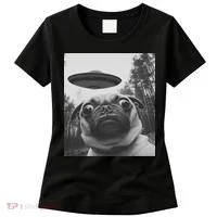 Funny Pug Selfie With Ufo Women's T-Shirt thumb 0