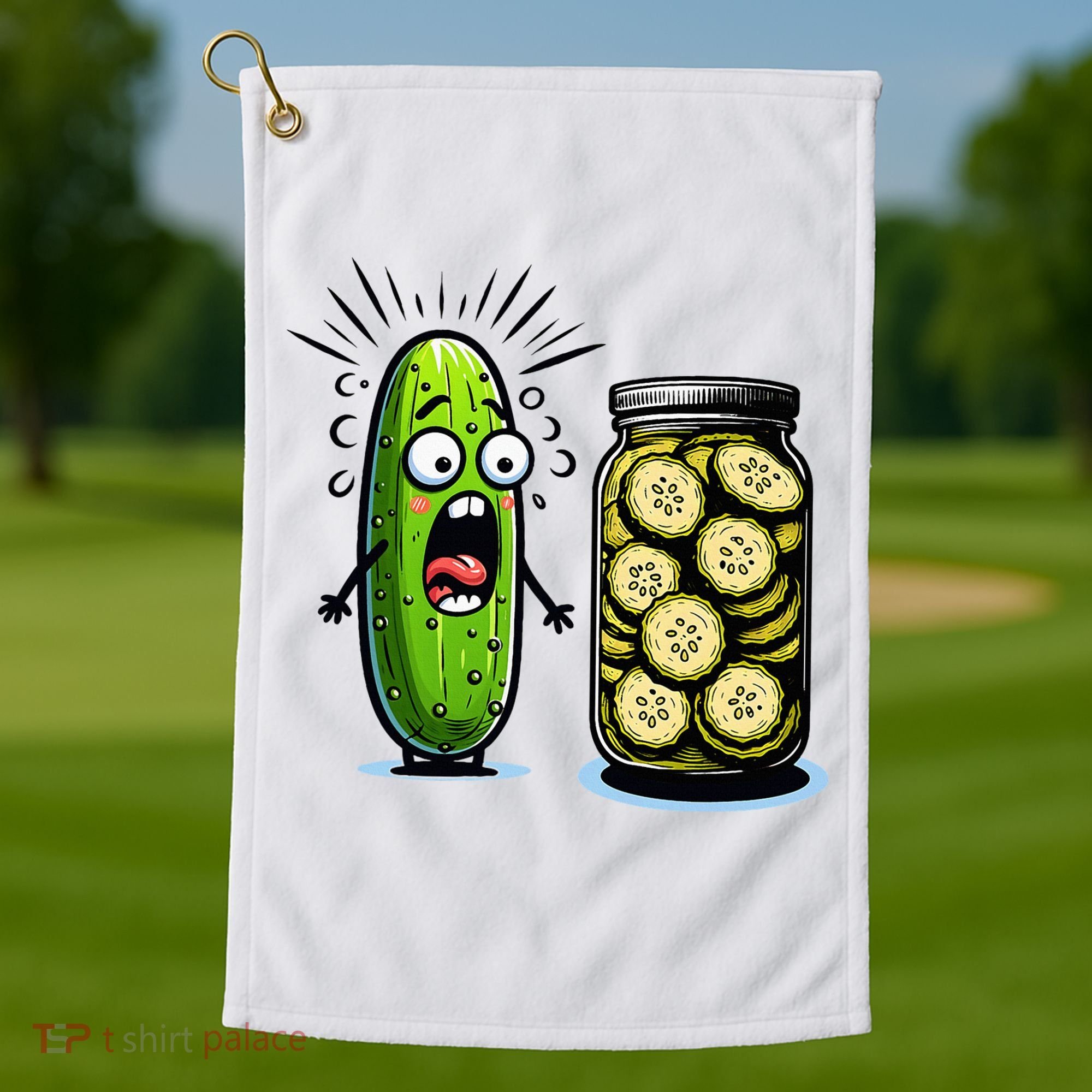 Funny Pickle Surprise A Cucumber And A Jar Of Sliced Pickles Golf Towel