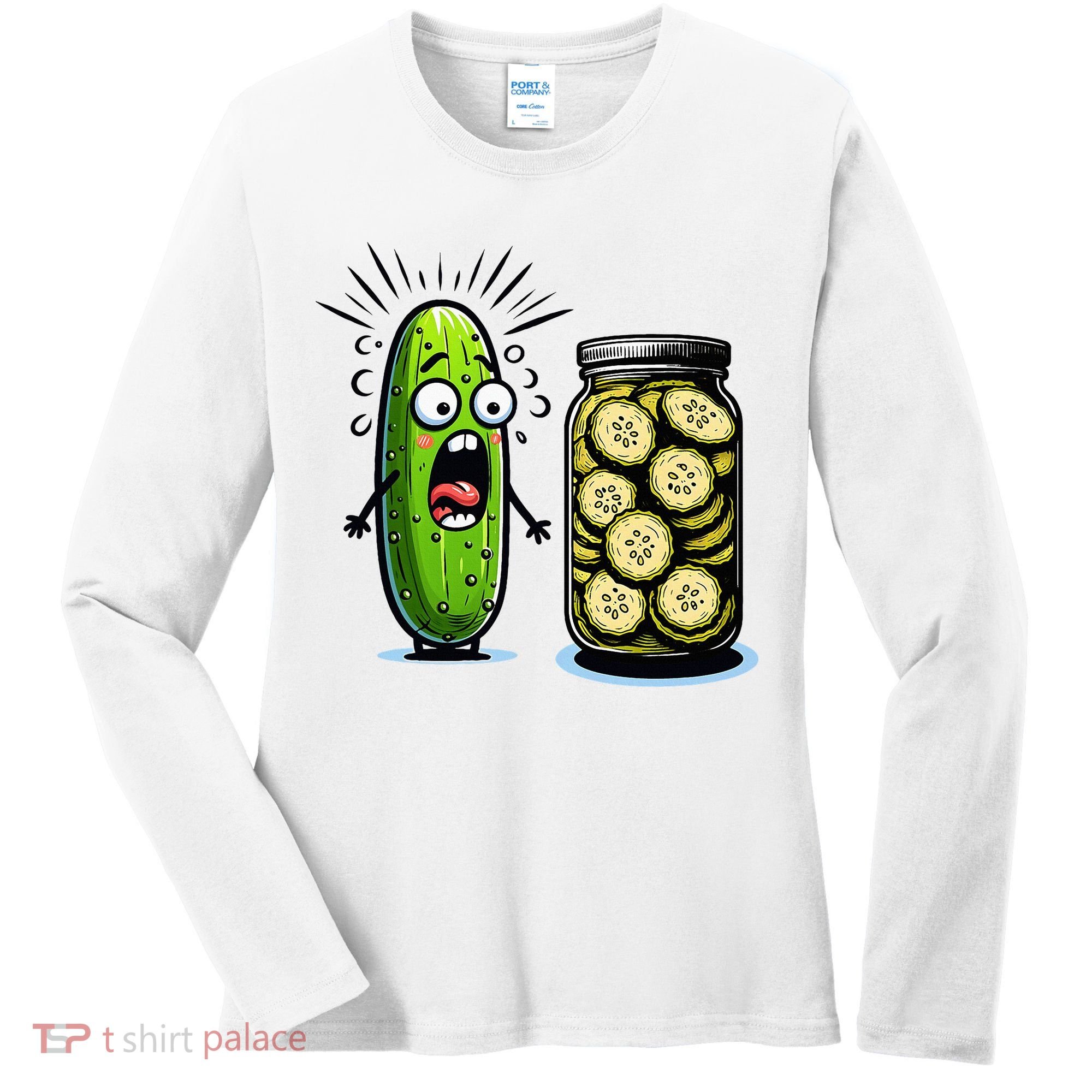 Funny Pickle Surprise A Cucumber And A Jar Of Sliced Pickles Women's Long Sleeve Shirt