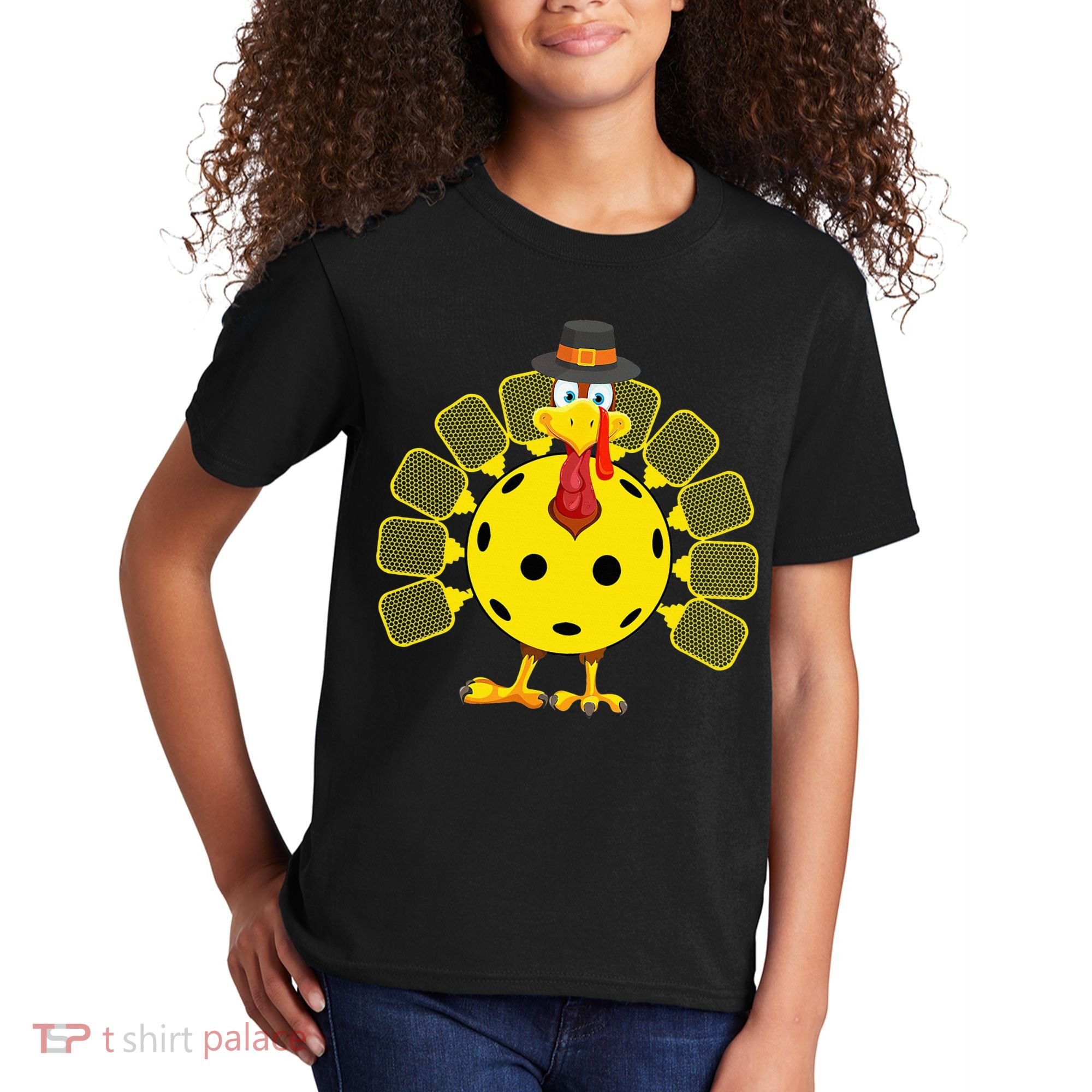 Funny Pickleball Thanksgiving Golf Ball Turkey Lover Kids T-Shirt