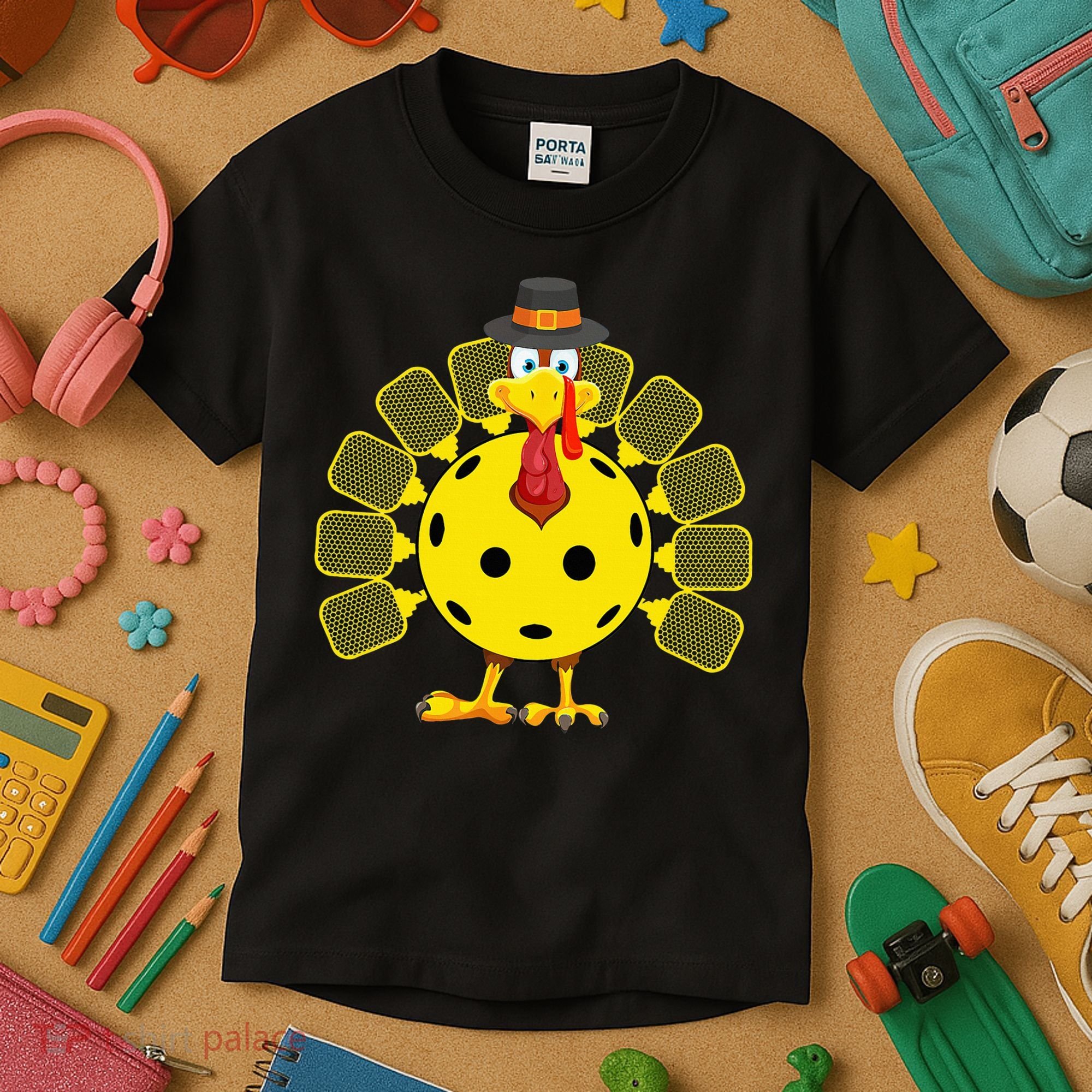 Funny Pickleball Thanksgiving Golf Ball Turkey Lover Kids T-Shirt
