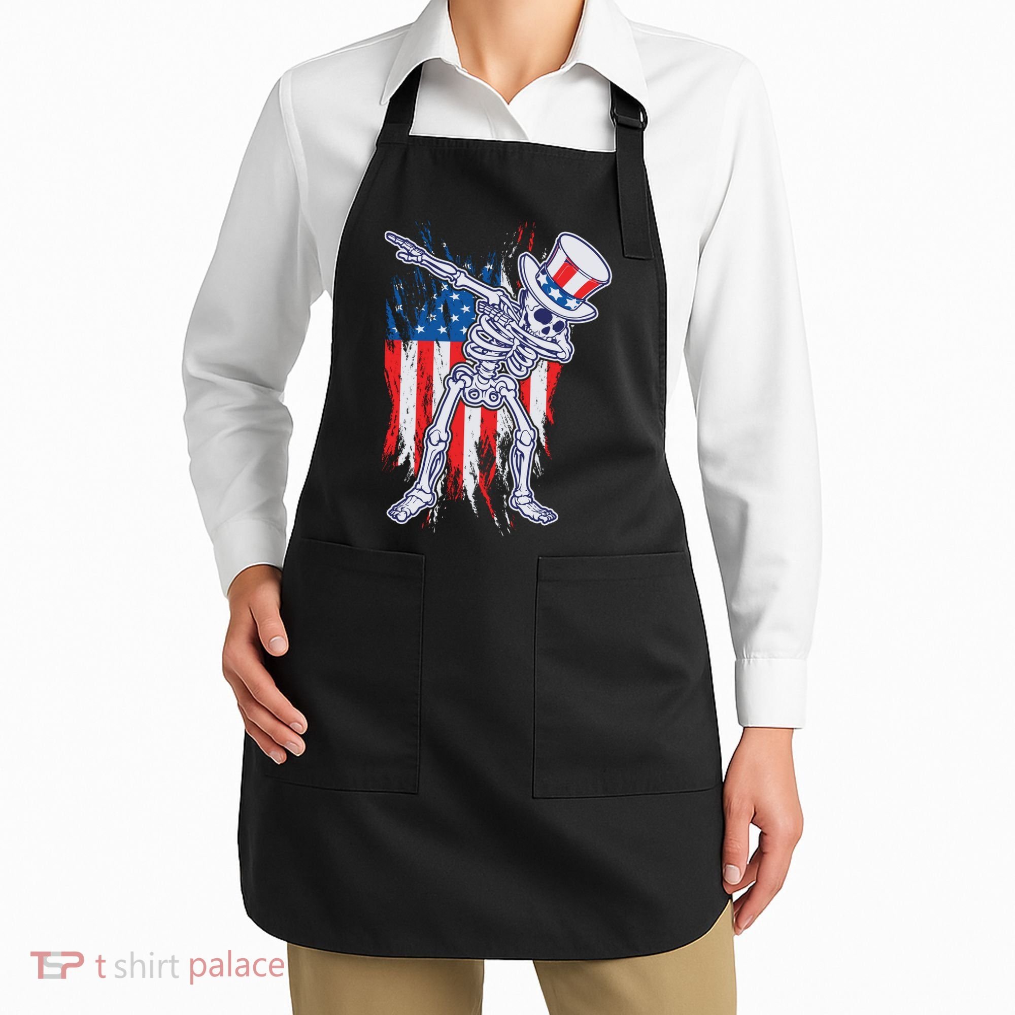 Funny Patriotic USA American Flag Dabbing Skeleton Apron