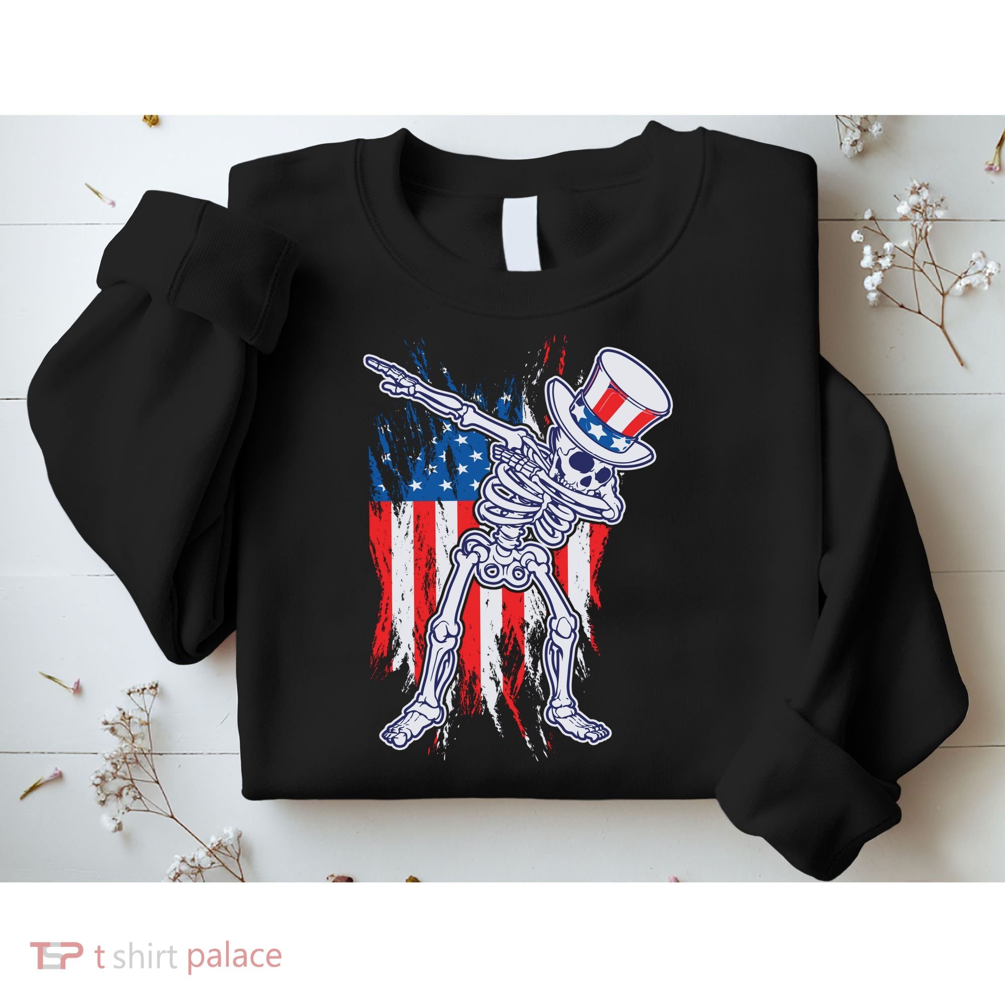 Funny Patriotic USA American Flag Dabbing Skeleton Sweatshirt