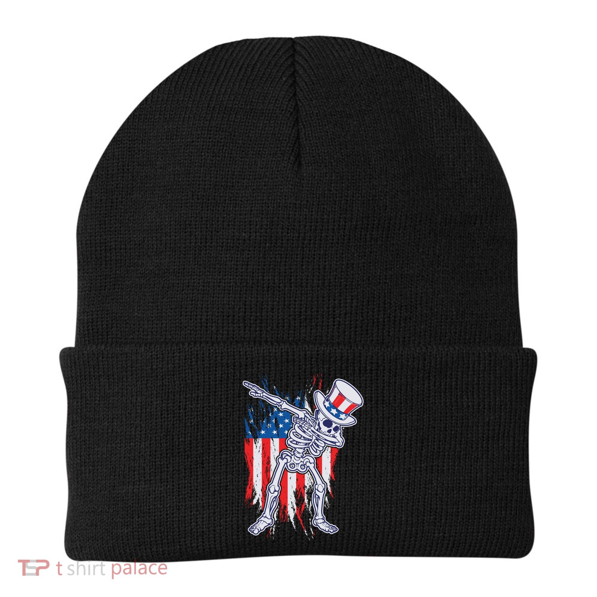 Funny Patriotic USA American Flag Dabbing Skeleton Beanie