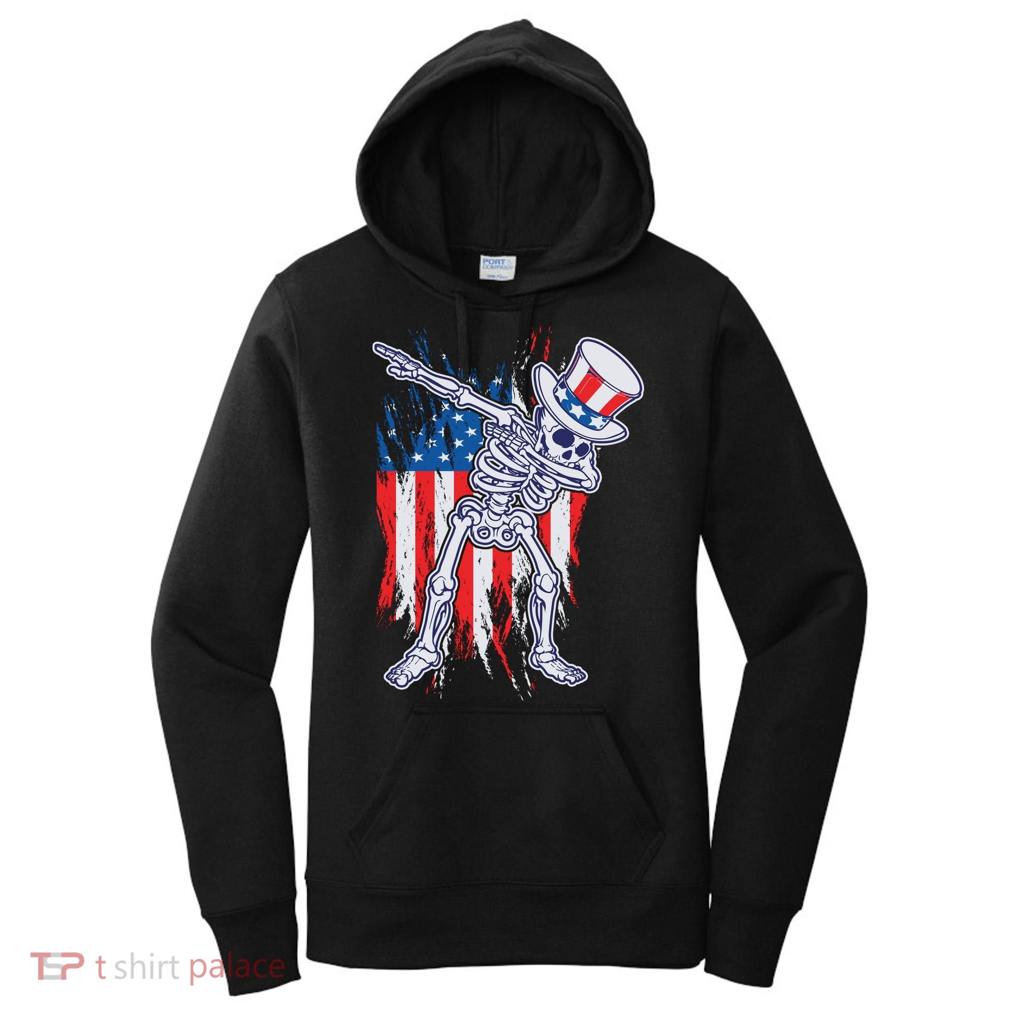 Funny Patriotic USA American Flag Dabbing Skeleton Women's Hoodie