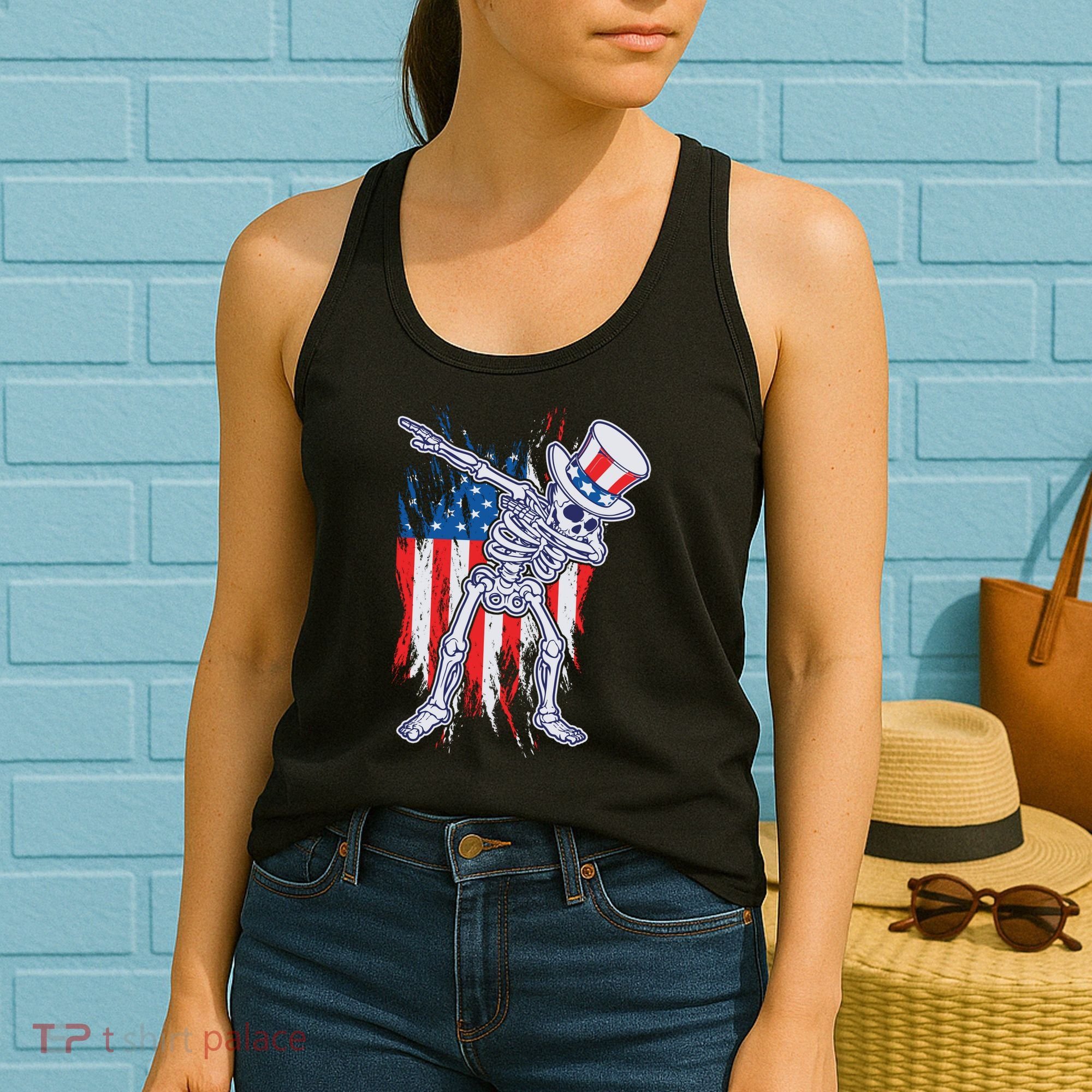 Funny Patriotic USA American Flag Dabbing Skeleton Women's Tank Top