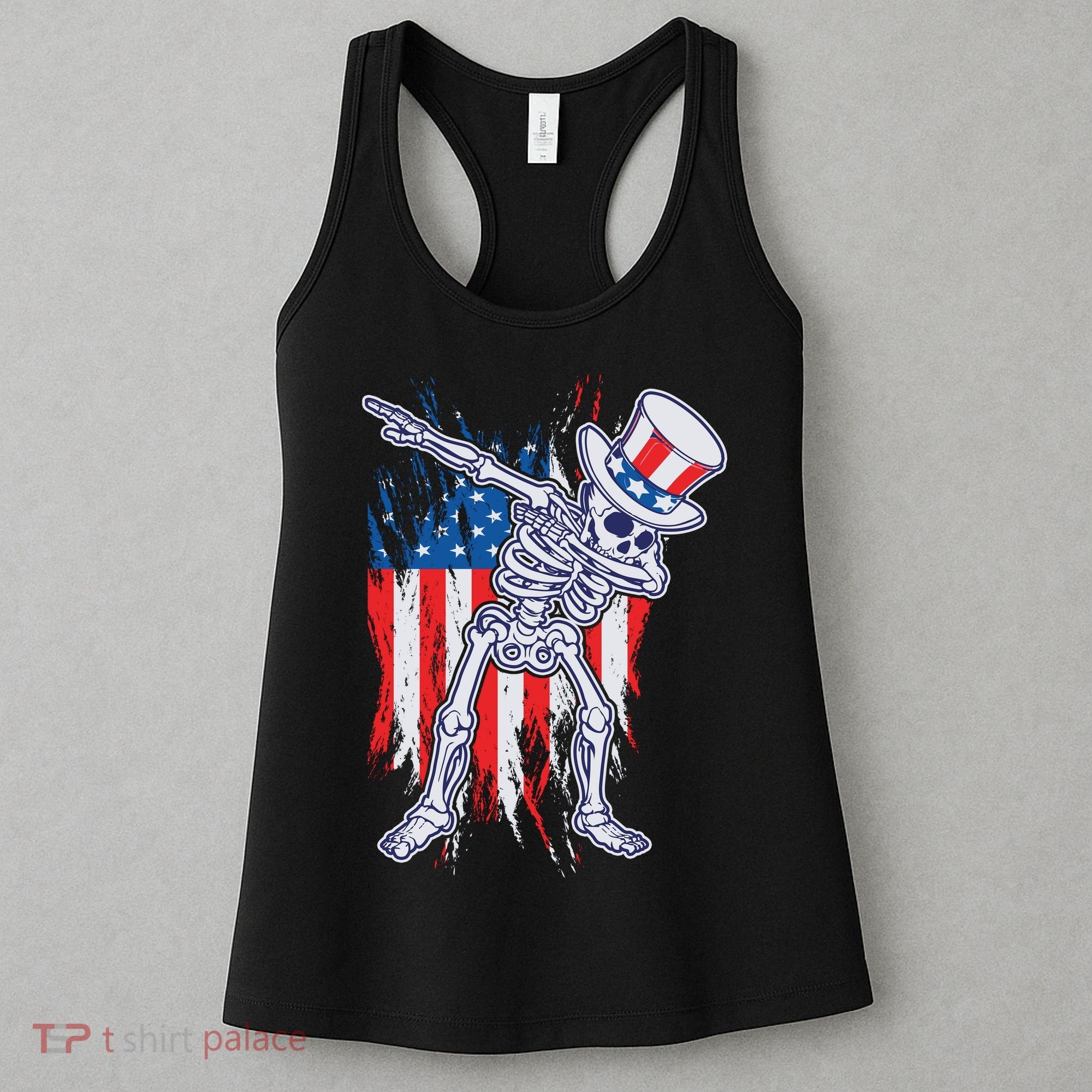 Funny Patriotic USA American Flag Dabbing Skeleton Women's Tank Top
