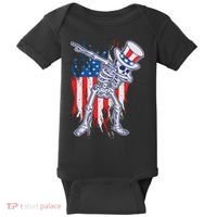Funny Patriotic USA American Flag Dabbing Skeleton Baby Bodysuit thumb 0