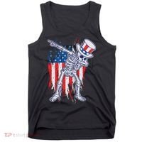 Funny Patriotic USA American Flag Dabbing Skeleton Tank Top thumb 0