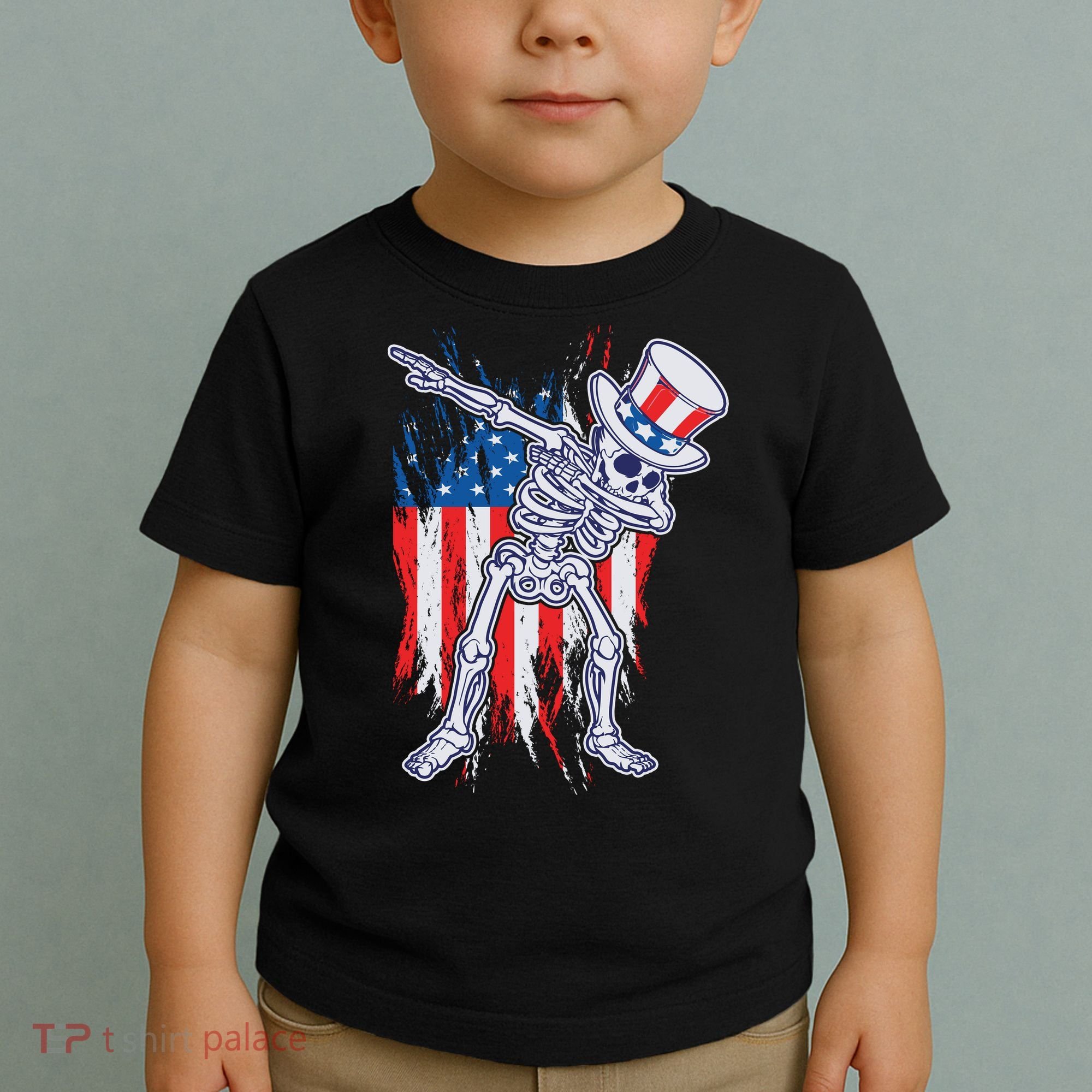 Funny Patriotic USA American Flag Dabbing Skeleton Toddler T-Shirt