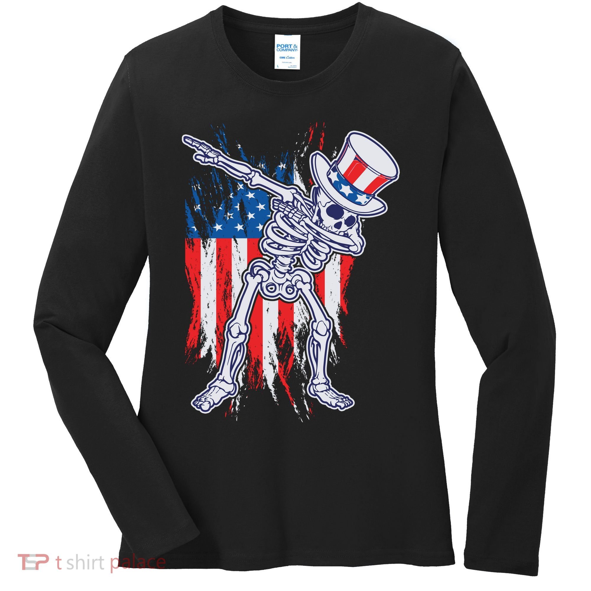 Funny Patriotic USA American Flag Dabbing Skeleton Women's Long Sleeve Shirt