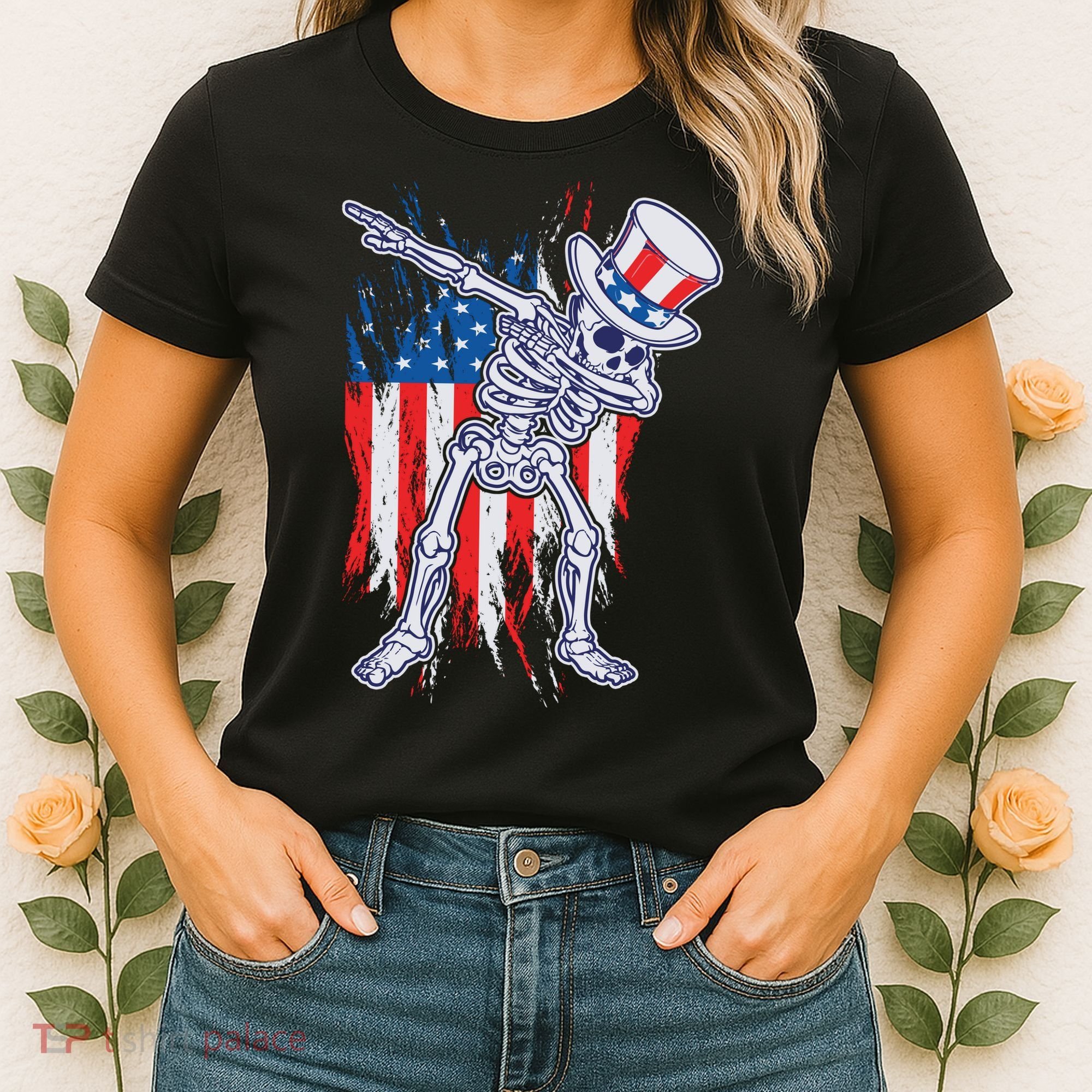 Funny Patriotic USA American Flag Dabbing Skeleton Women's T-Shirt