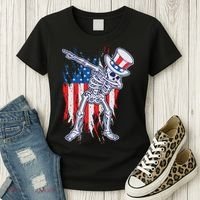Funny Patriotic USA American Flag Dabbing Skeleton Women's T-Shirt thumb 3