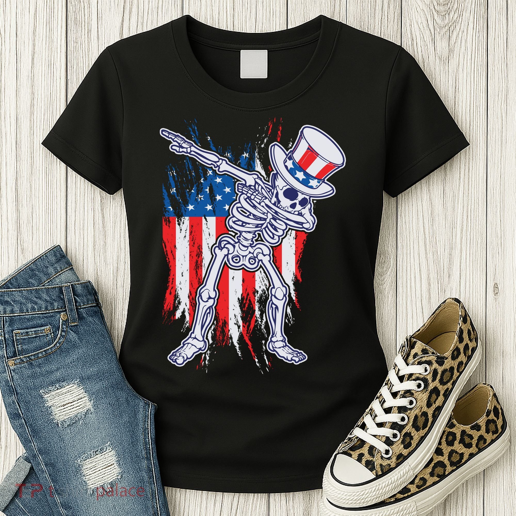 Funny Patriotic USA American Flag Dabbing Skeleton Women's T-Shirt