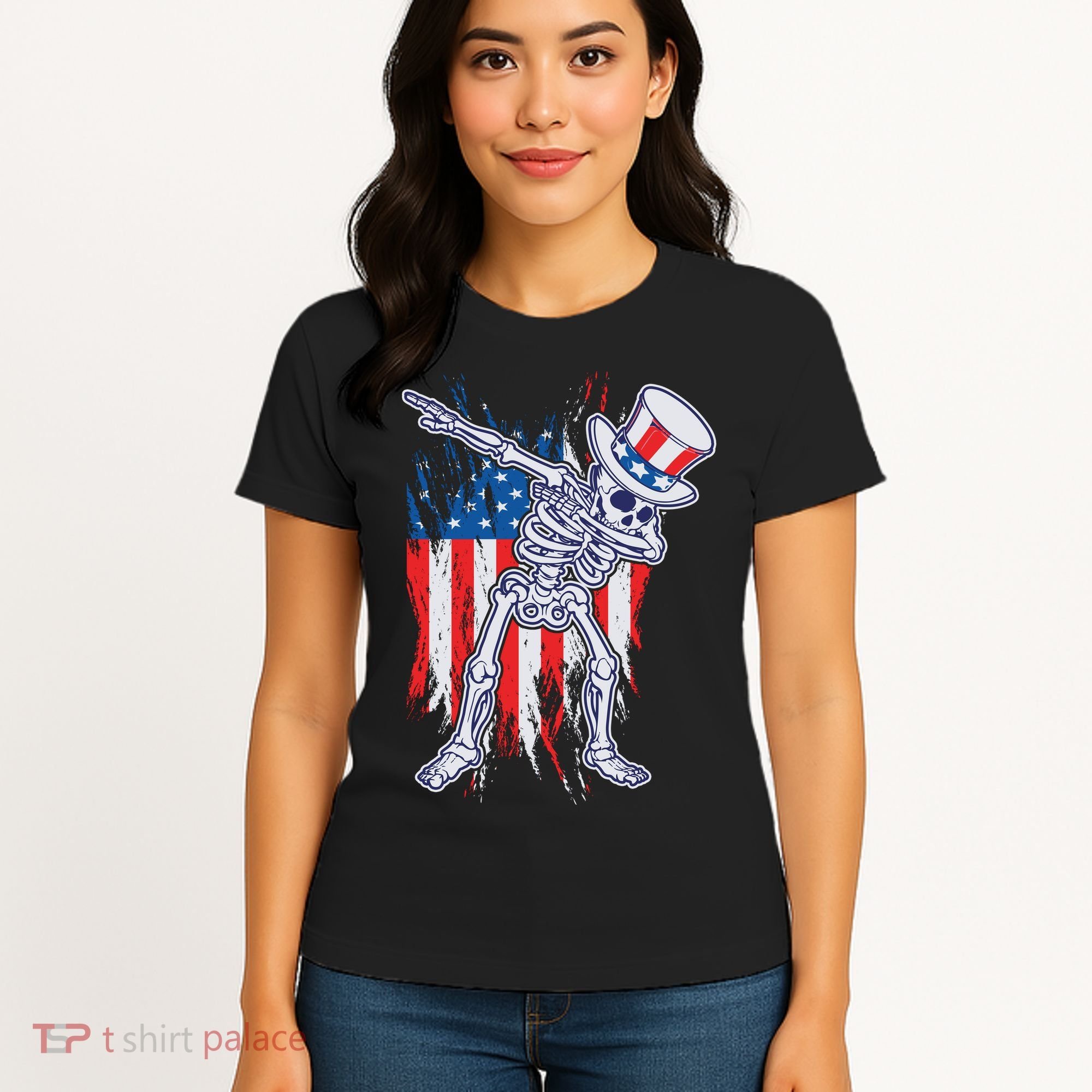 Funny Patriotic USA American Flag Dabbing Skeleton Women's T-Shirt