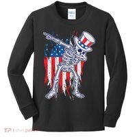 Funny Patriotic USA American Flag Dabbing Skeleton Kids Long Sleeve Shirt thumb 0