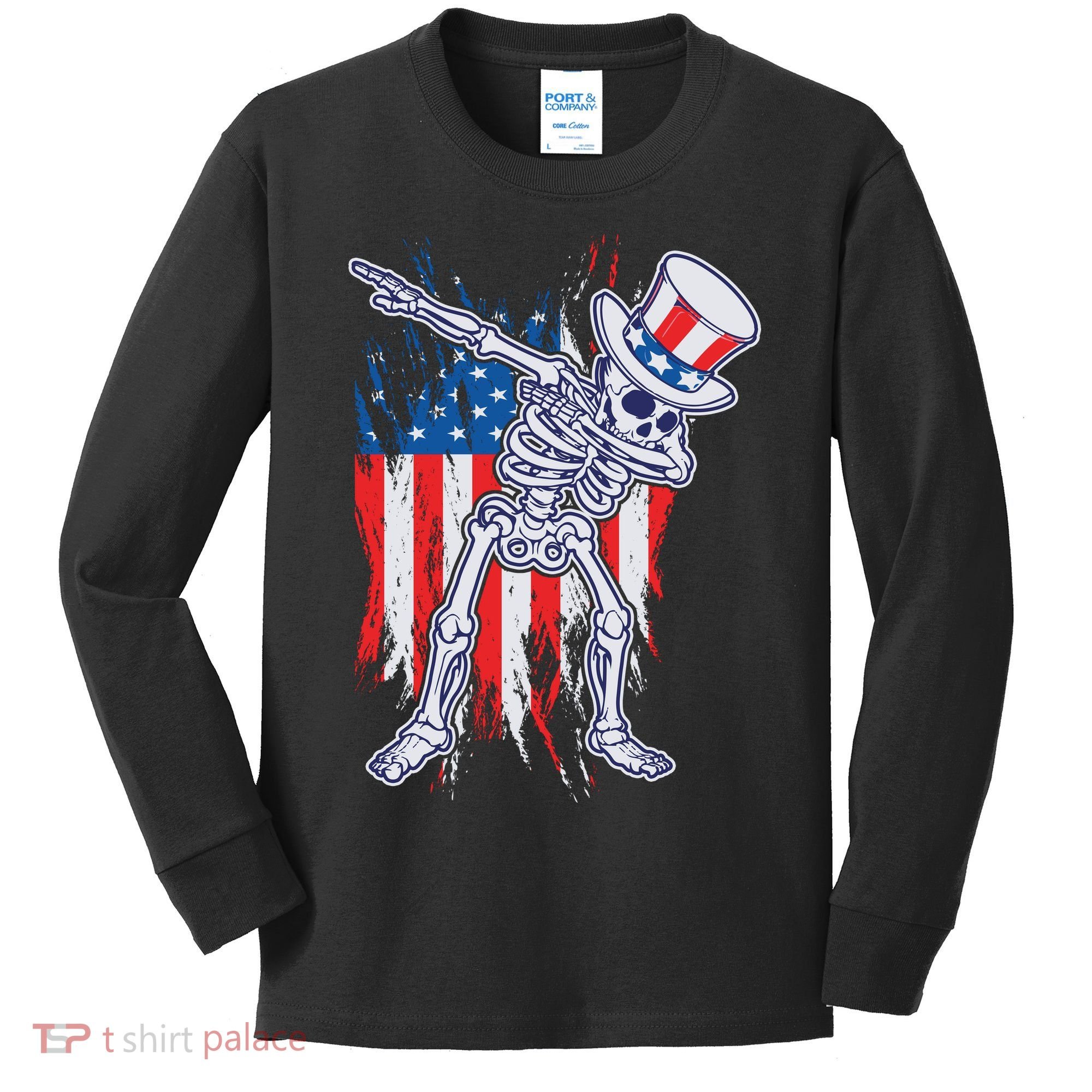 Funny Patriotic USA American Flag Dabbing Skeleton Kids Long Sleeve Shirt