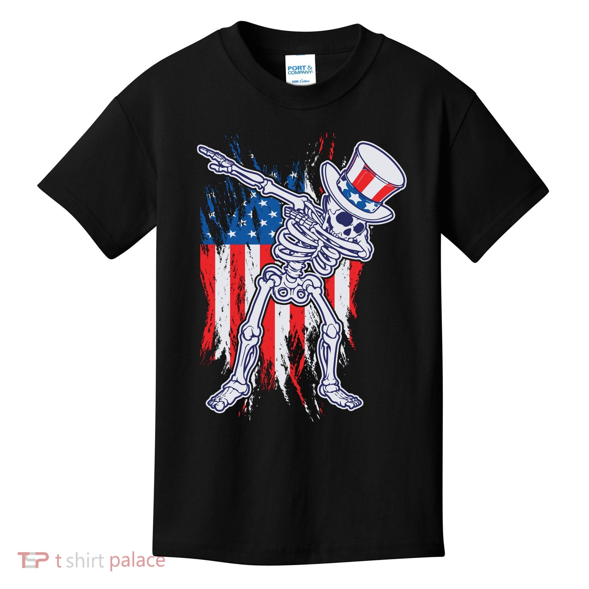 Funny Patriotic USA American Flag Dabbing Skeleton Kids T-Shirt