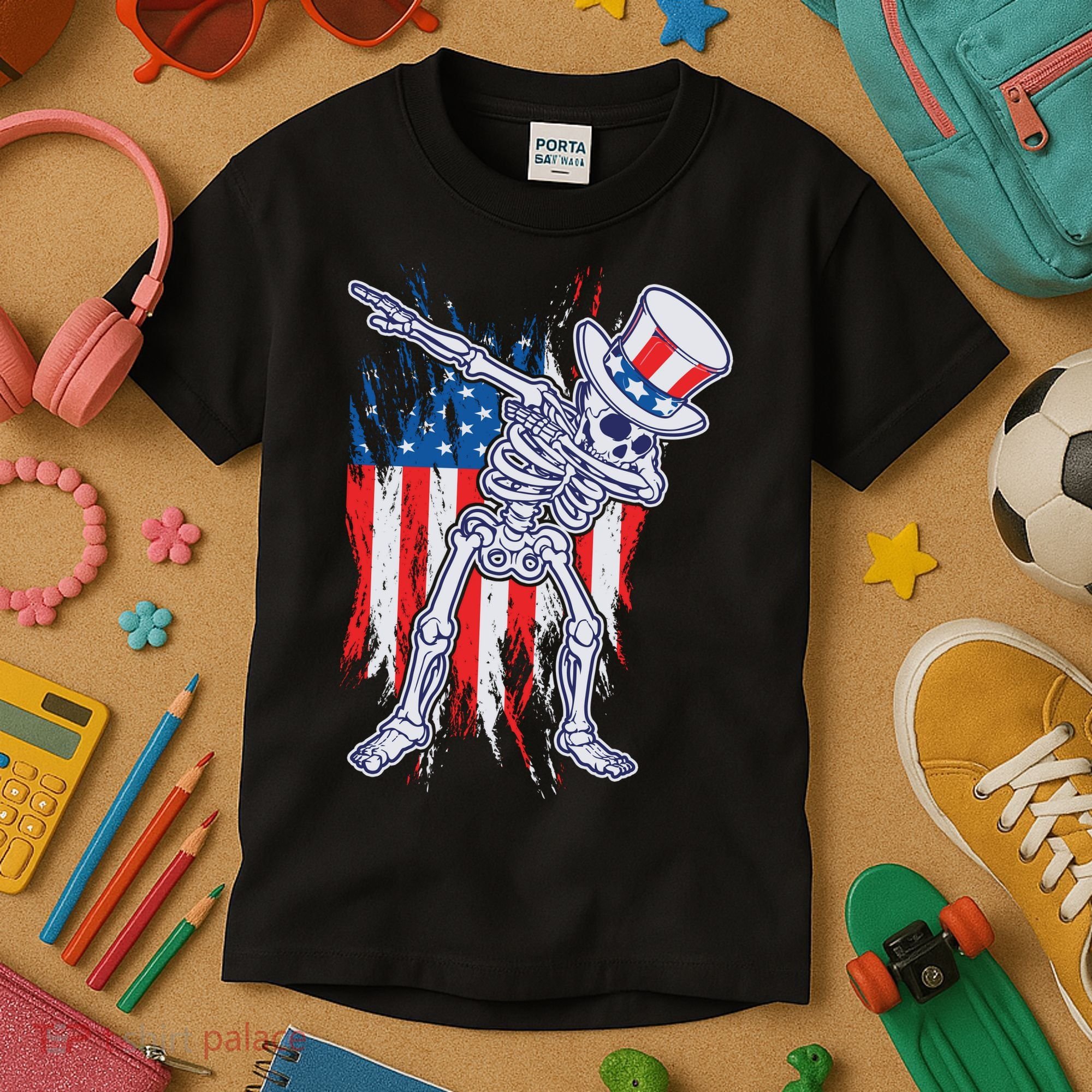Funny Patriotic USA American Flag Dabbing Skeleton Kids T-Shirt